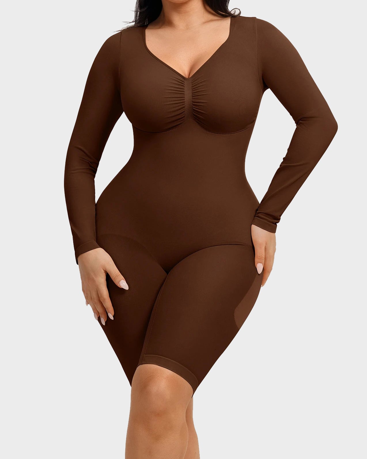 Seamless Mid-level Compression Tummy Control Long Sleeve Bodysuit - By Qivii
