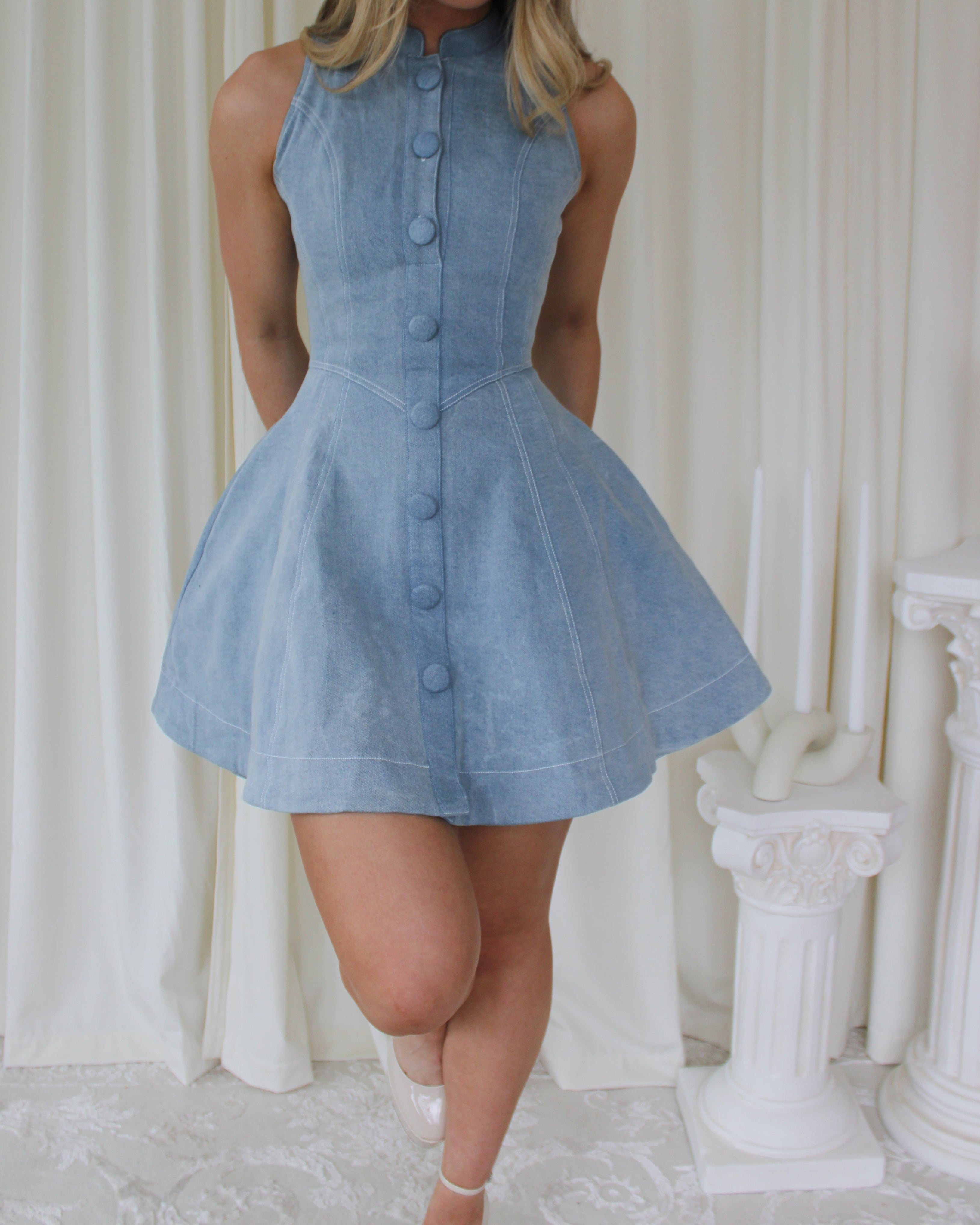 Stand Collar Sleeveless Button Denim Mini Dress with Pockets - By Qivii