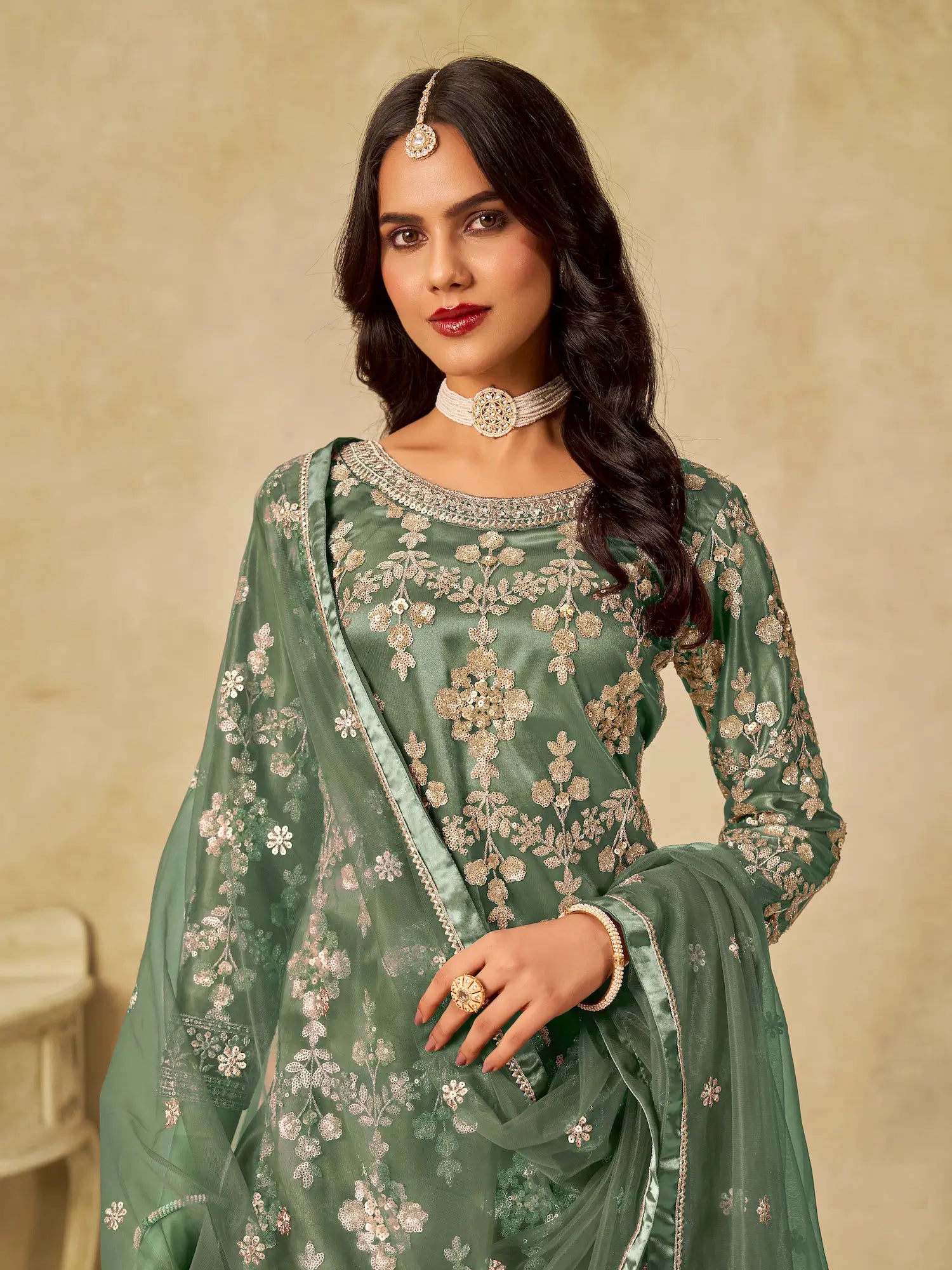 Hazel Green Net Palazzo Suit With Sequins Embroidery - qivii