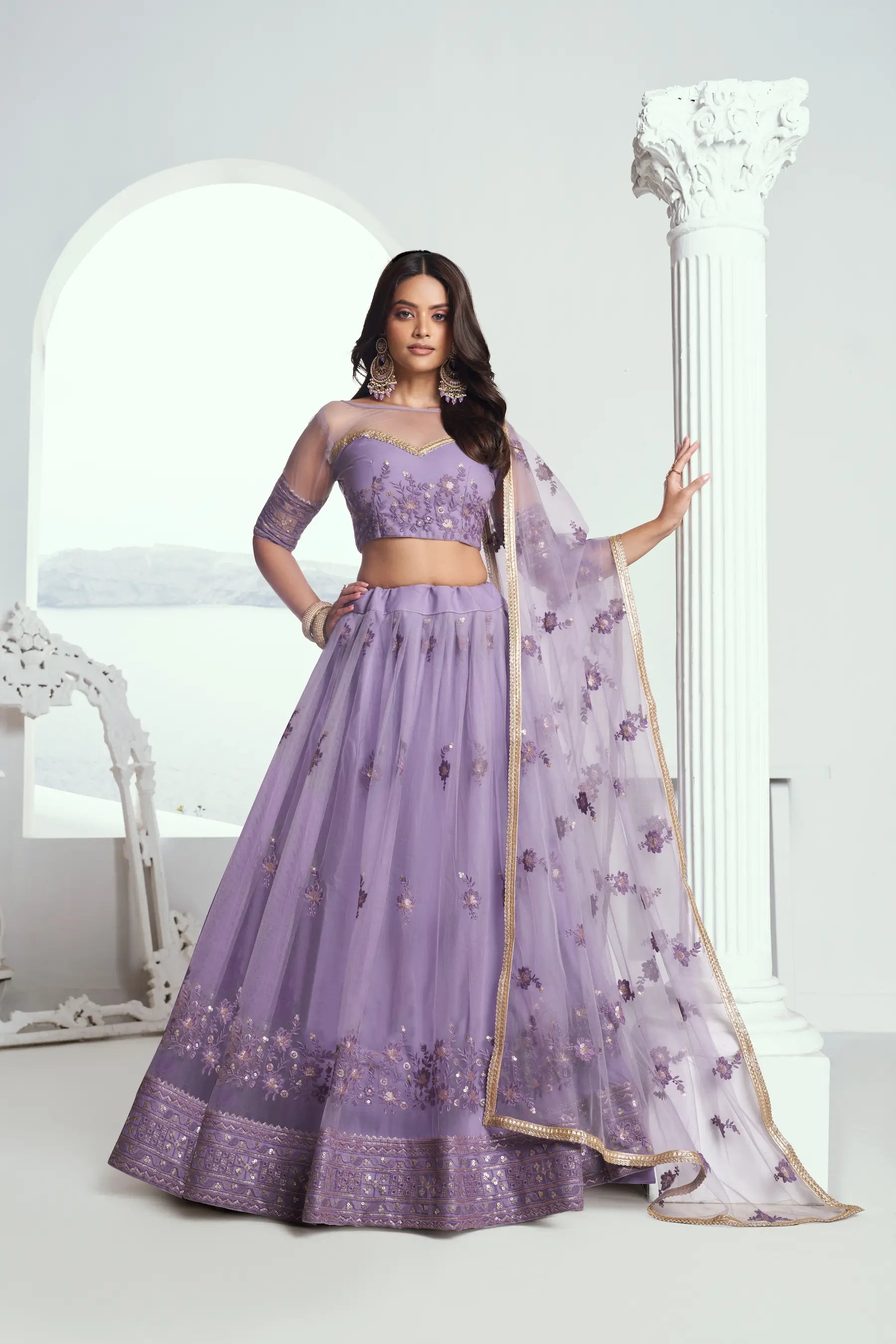 Lavender Net Lehenga Choli with Cotton Thread Work & Sequence Embroidery Work - qivii