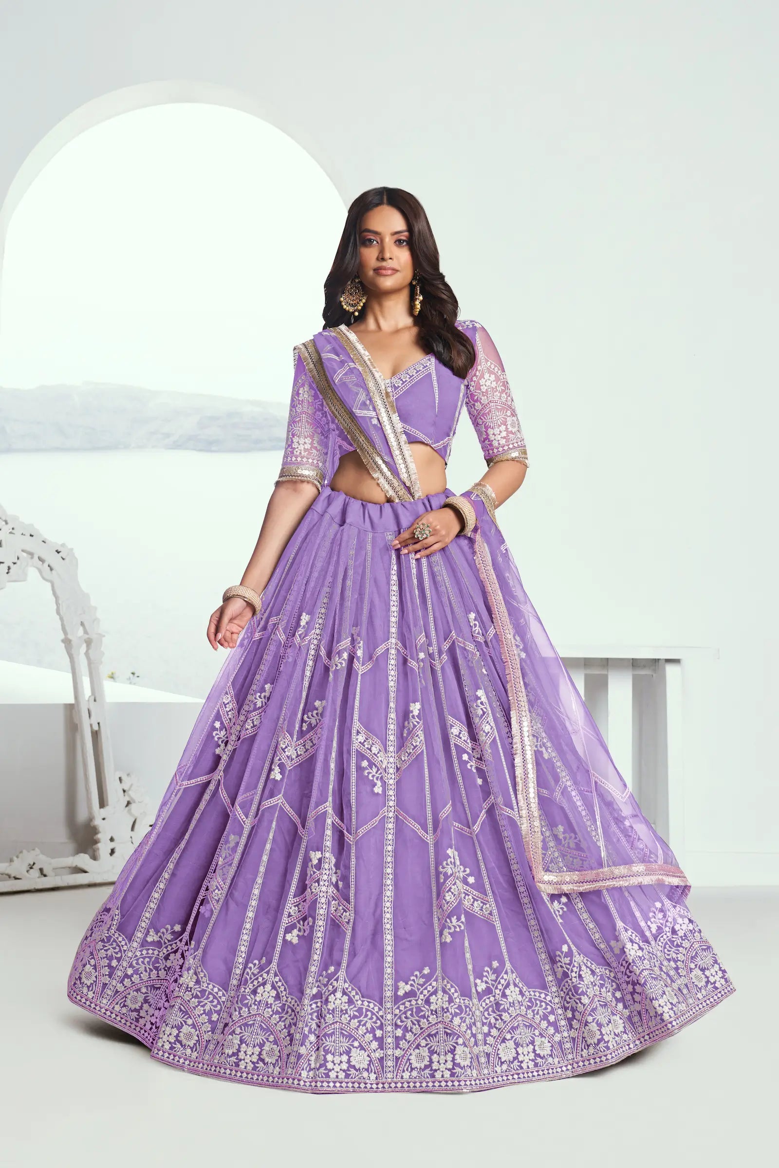 Lavender Net Lehenga Choli With Sequence & Cotton Thread Work Embroidery Work - qivii