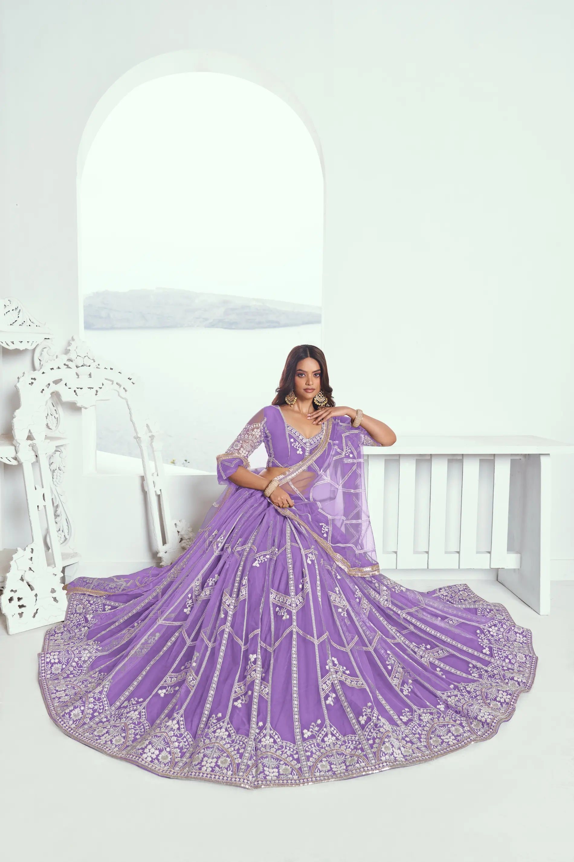 Lavender Net Lehenga Choli With Sequence & Cotton Thread Work Embroidery Work - qivii