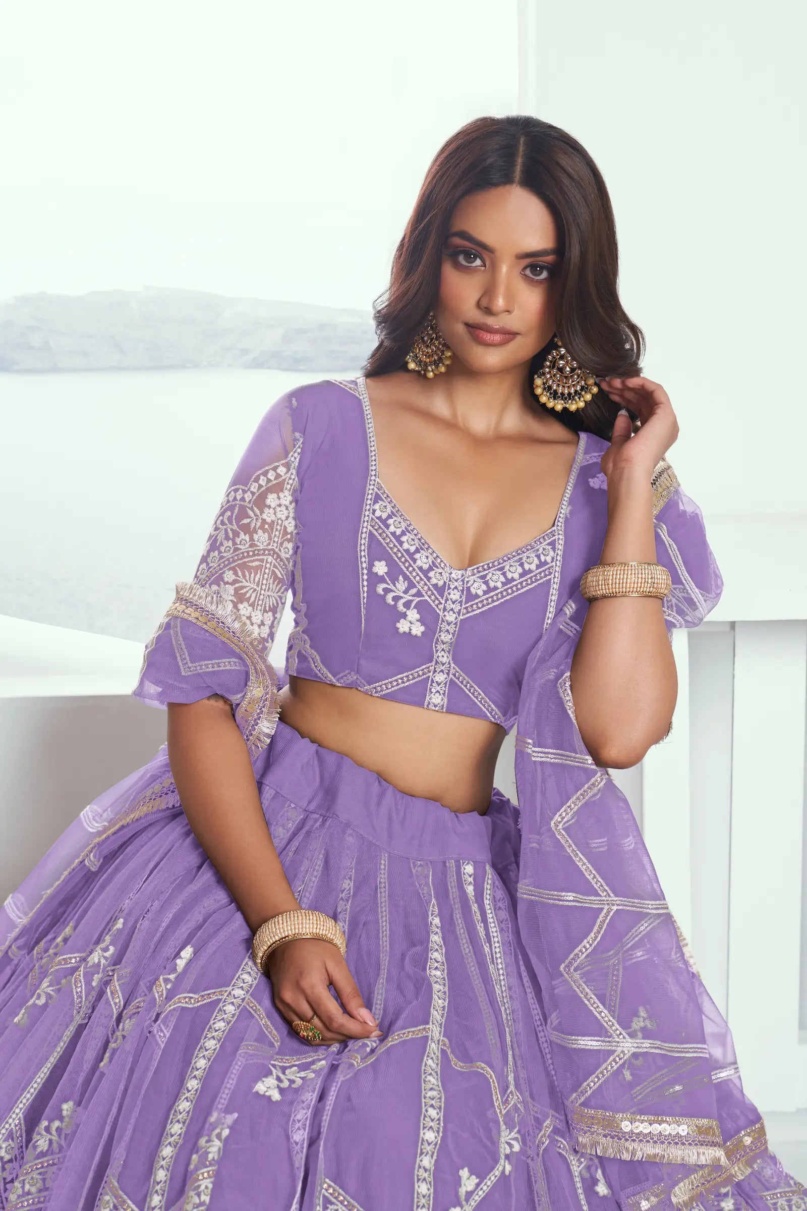 Lavender Net Lehenga Choli With Sequence & Cotton Thread Work Embroidery Work