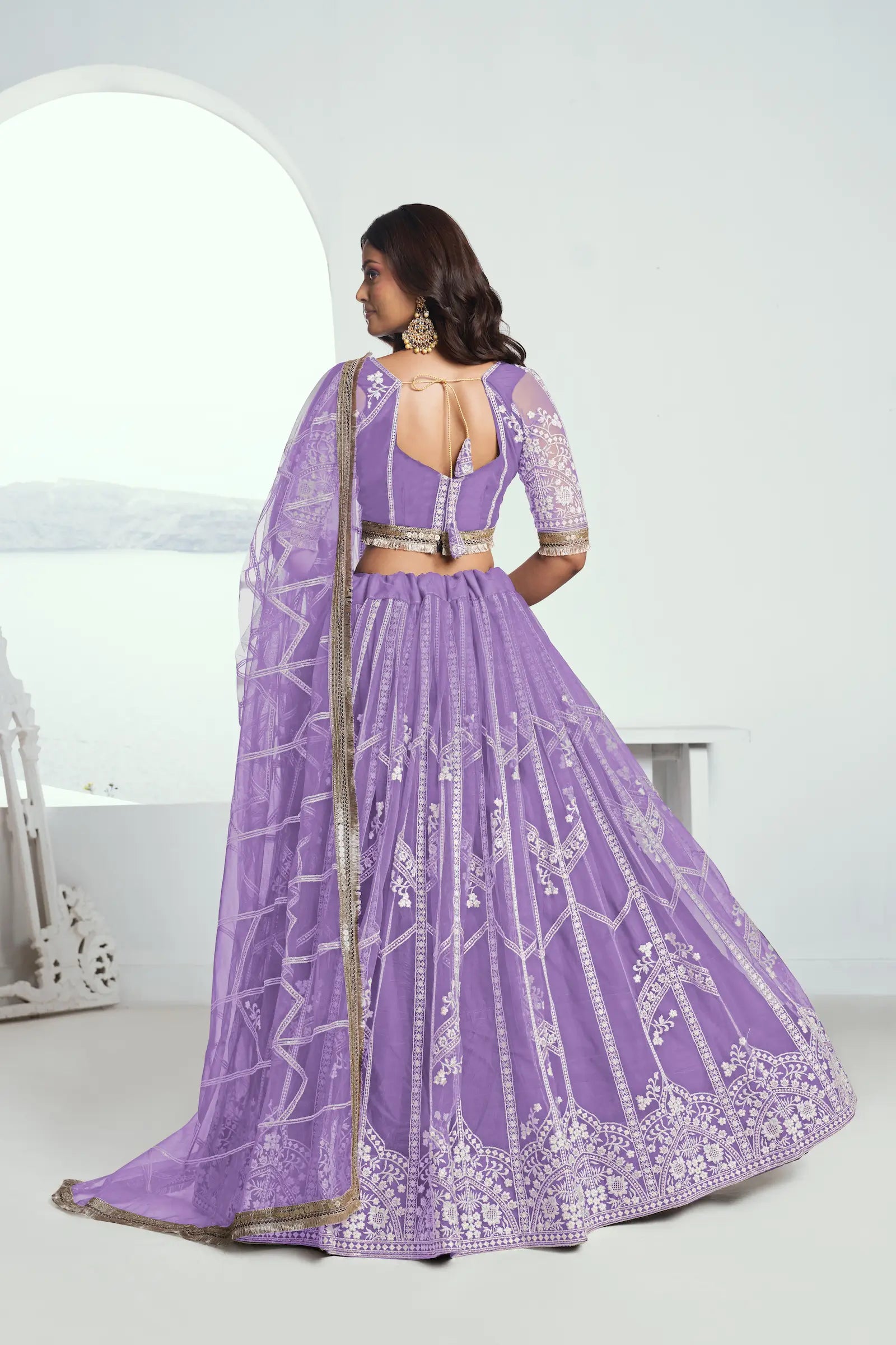 Lavender Net Lehenga Choli With Sequence & Cotton Thread Work Embroidery Work - qivii