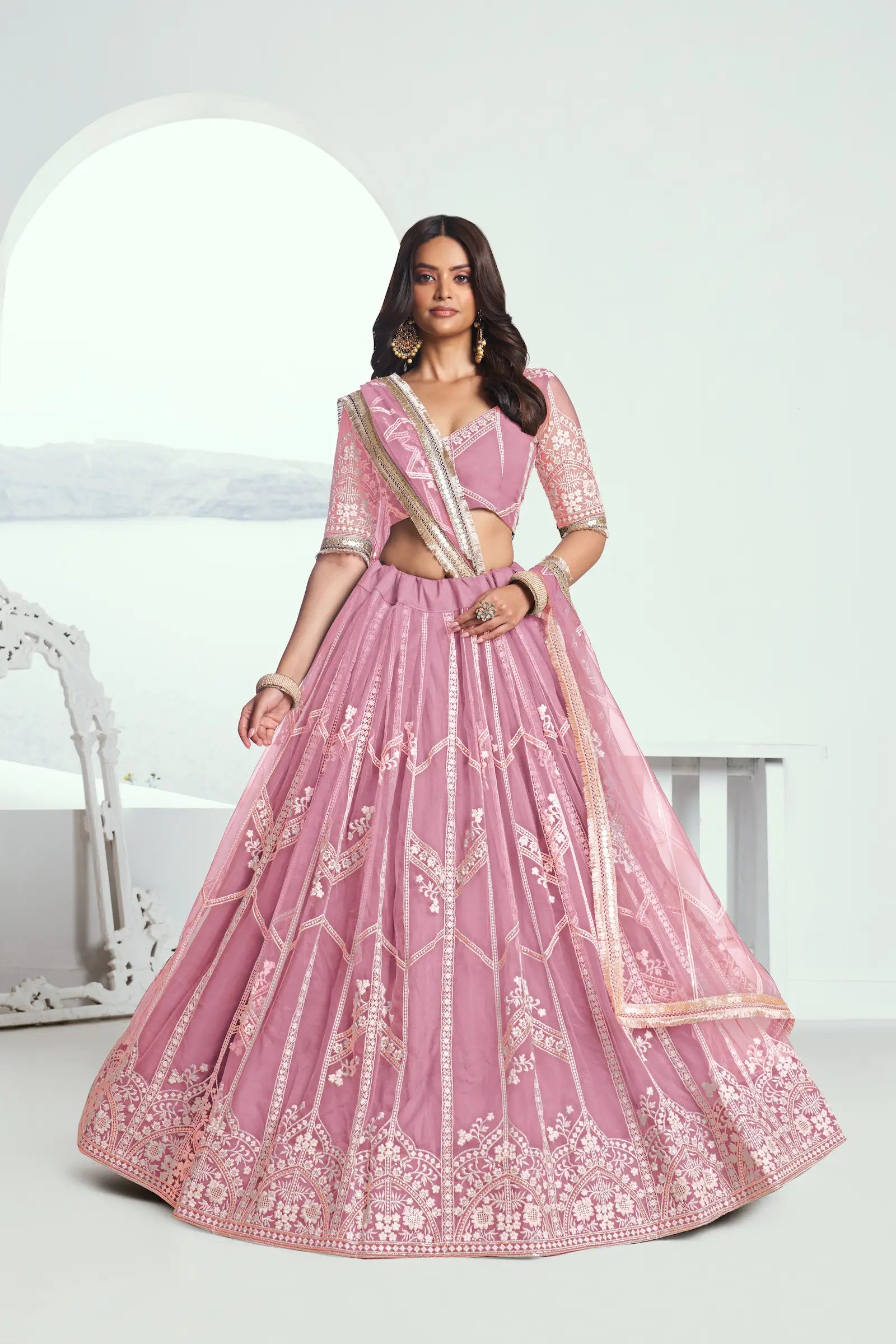 Pink Net Lehenga Choli With Sequence & Cotton Thread Work Embroidery Work - qivii