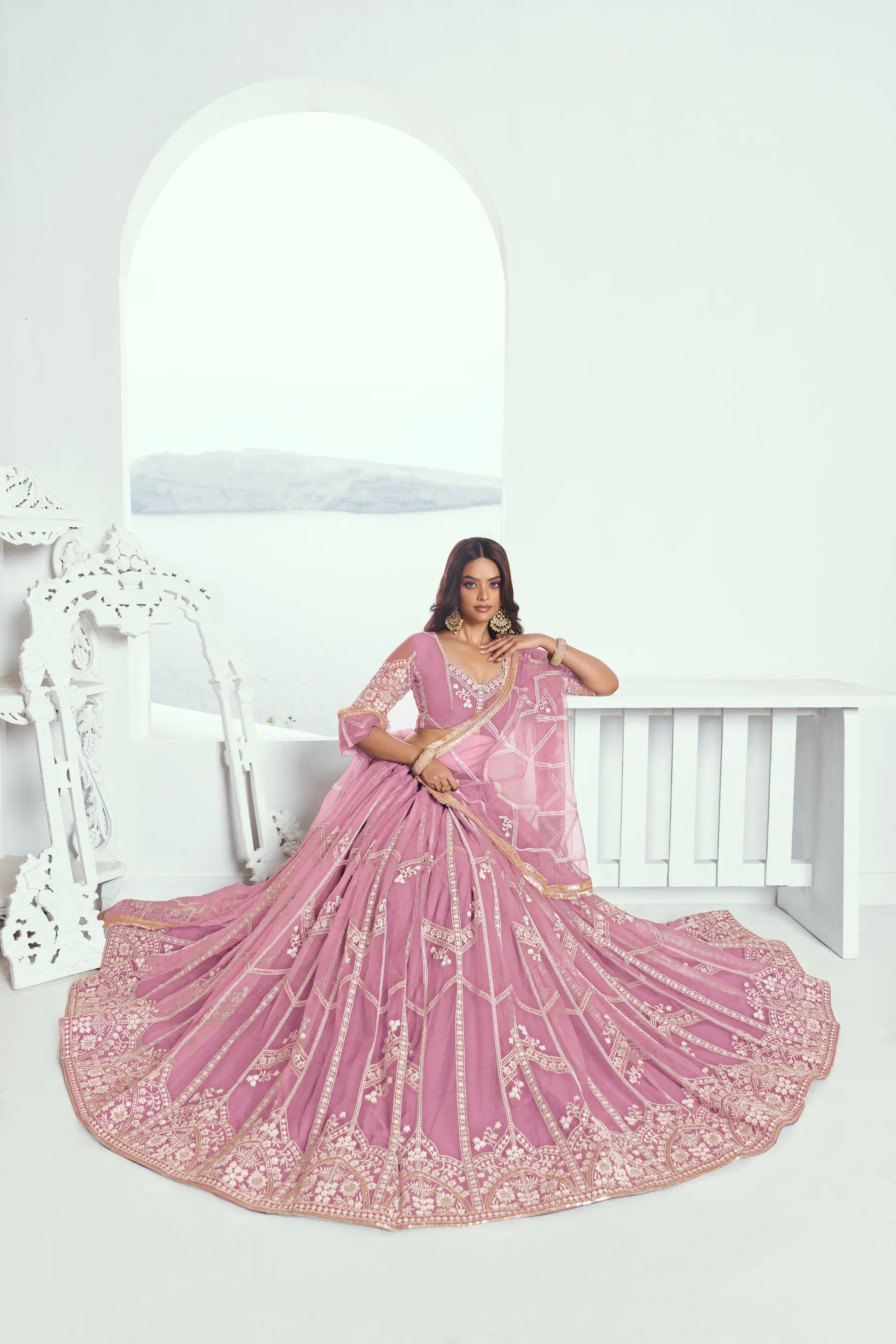 Pink Net Lehenga Choli With Sequence & Cotton Thread Work Embroidery Work - qivii