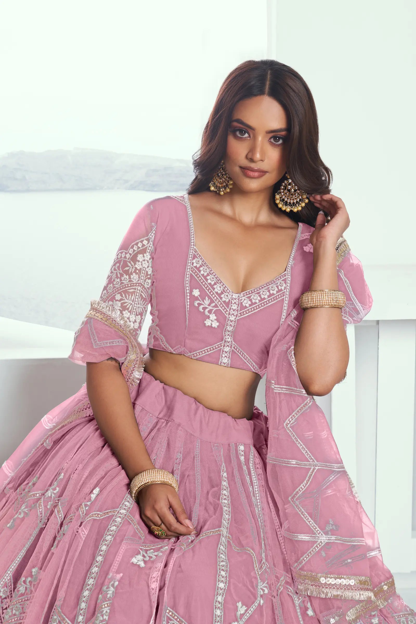 Pink Net Lehenga Choli With Sequence & Cotton Thread Work Embroidery Work - qivii