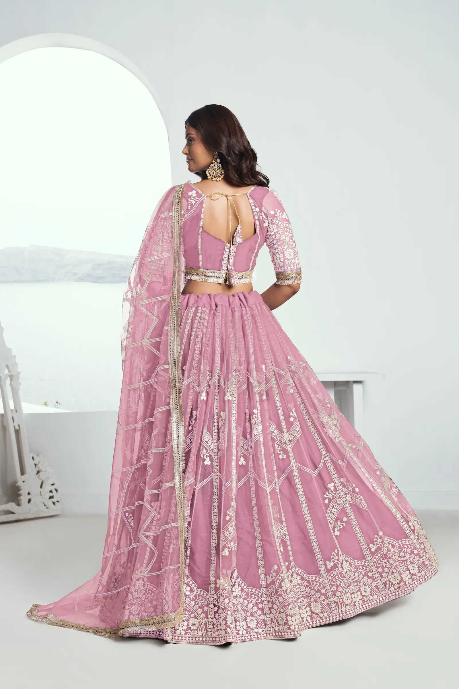 Pink Net Lehenga Choli With Sequence & Cotton Thread Work Embroidery Work - qivii