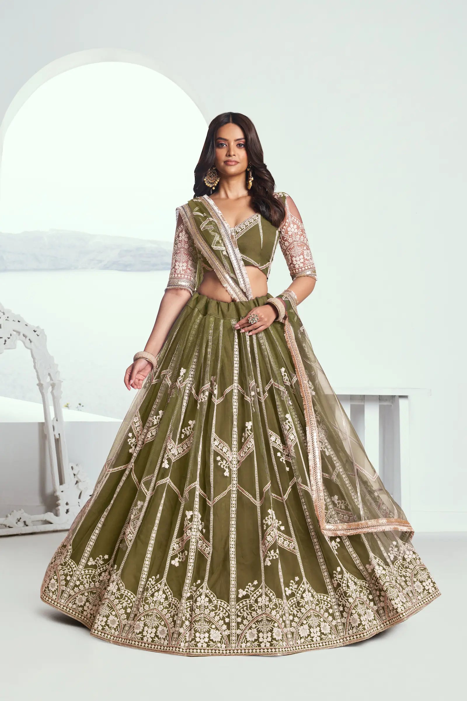 Olive Green Net Lehenga Choli With Sequence & Cotton Thread Work Embroidery Work - qivii