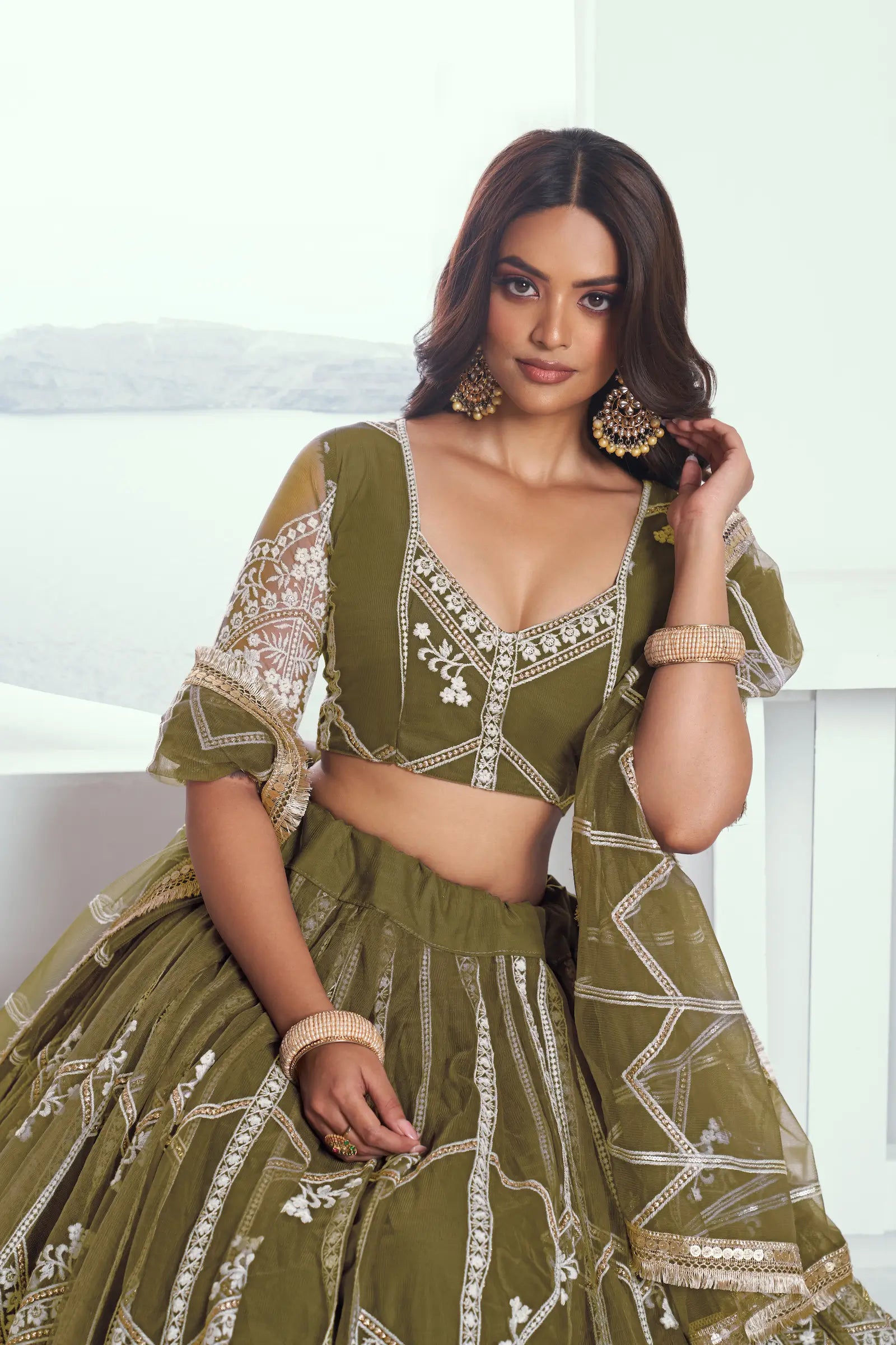 Olive Green Net Lehenga Choli With Sequence & Cotton Thread Work Embroidery Work - qivii