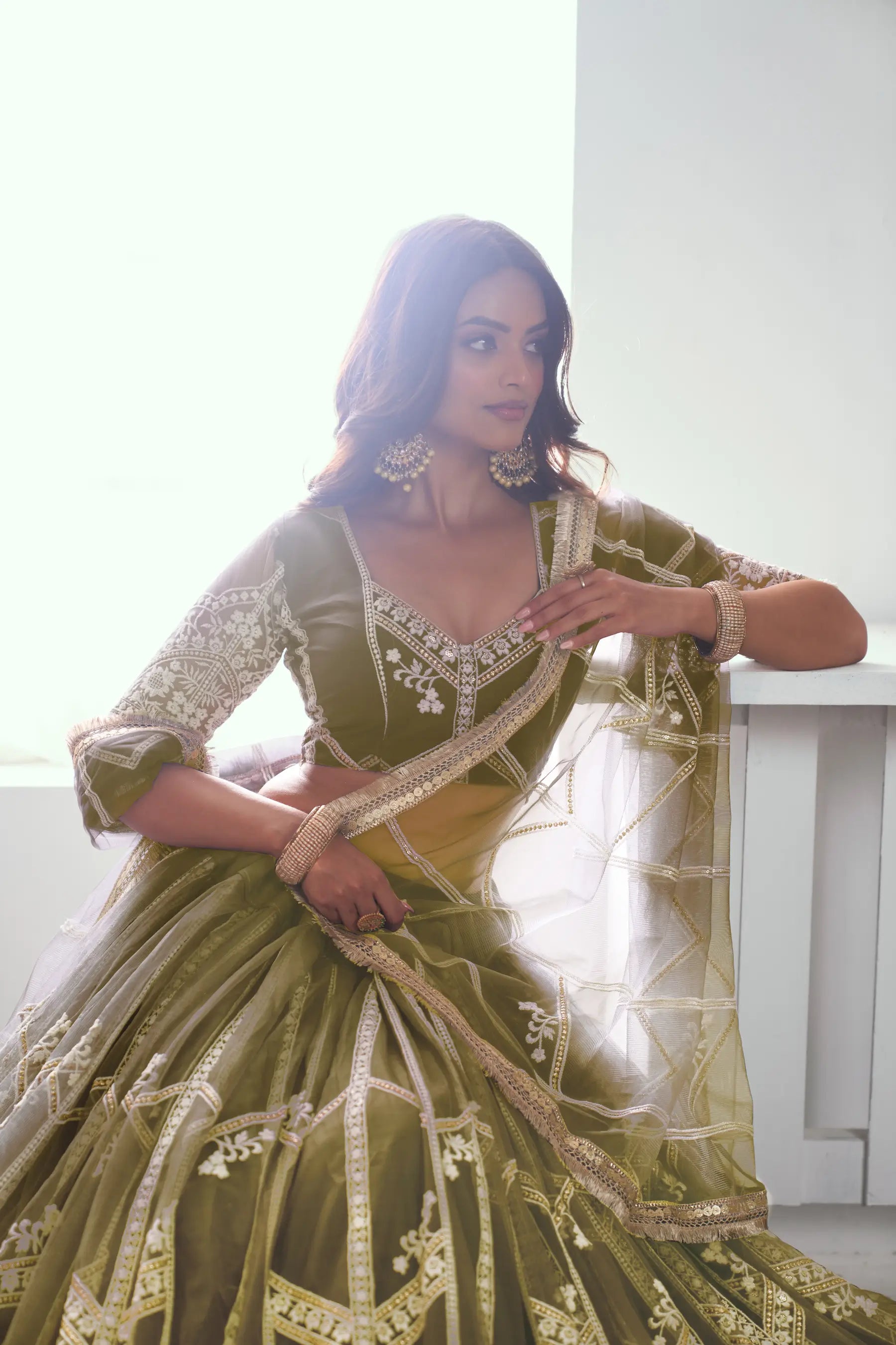 Olive Green Net Lehenga Choli With Sequence & Cotton Thread Work Embroidery Work - qivii