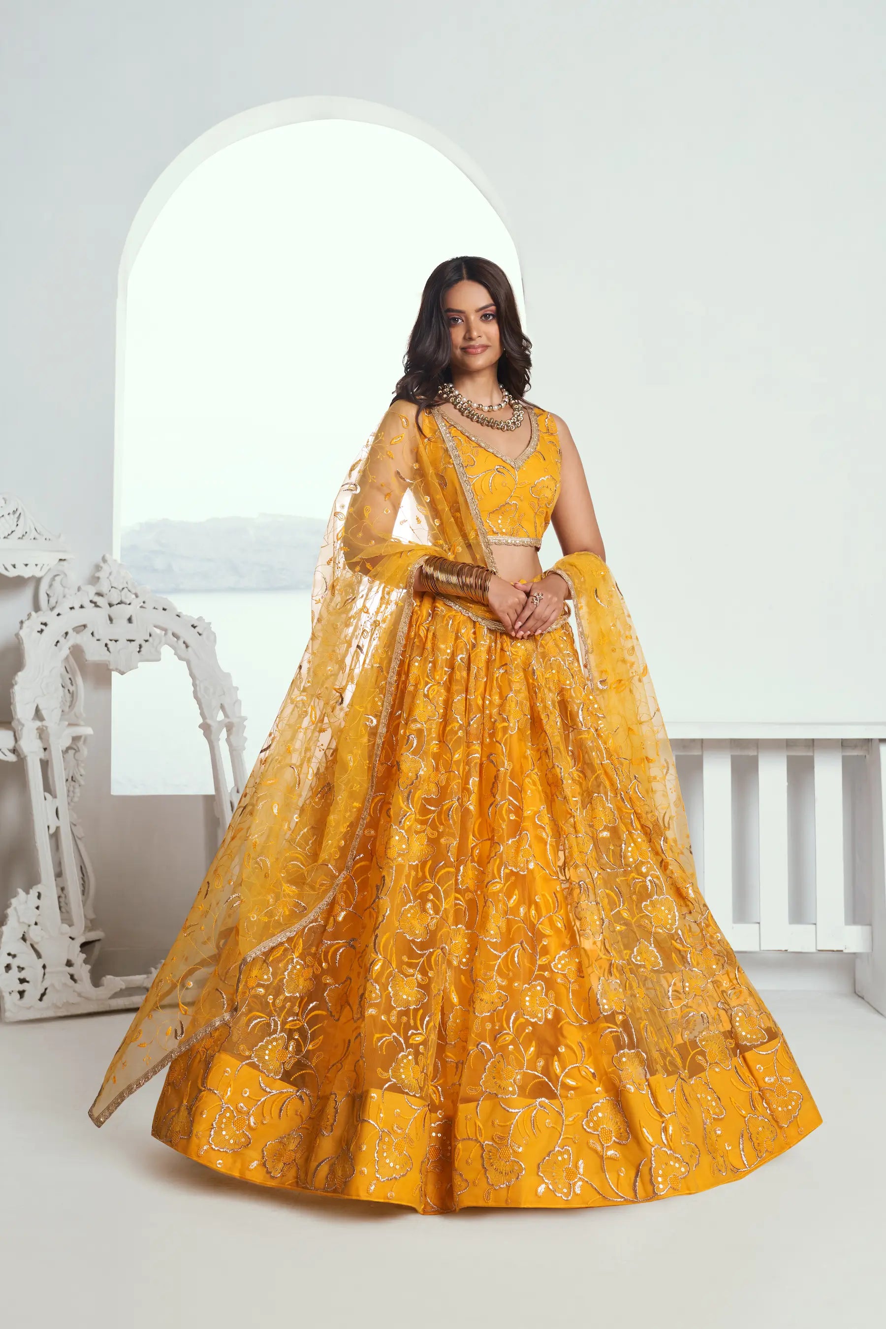 Yellow Net Lehenga Choli With Cotton Thread Work & Sequence Embroidery Work - qivii
