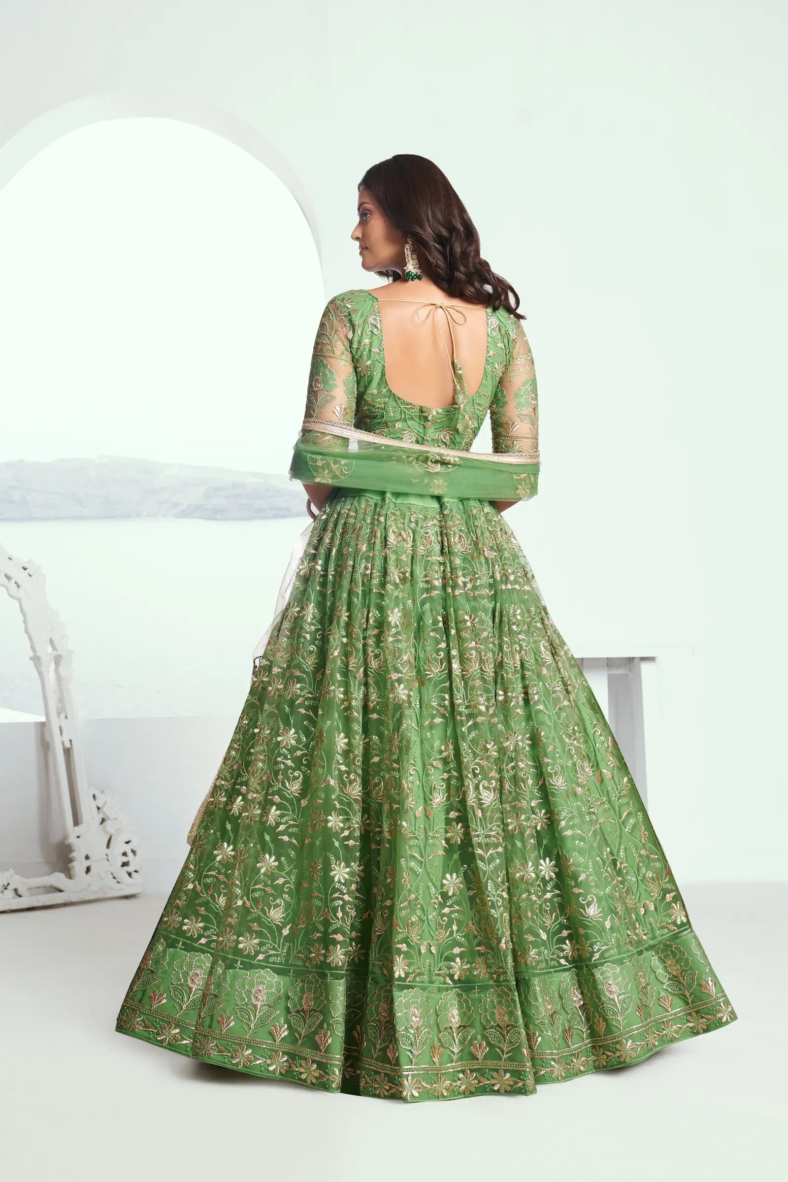 Light Green Net Lehenga Choli With Cotton Thread Work & Sequence Embroidery Work - qivii
