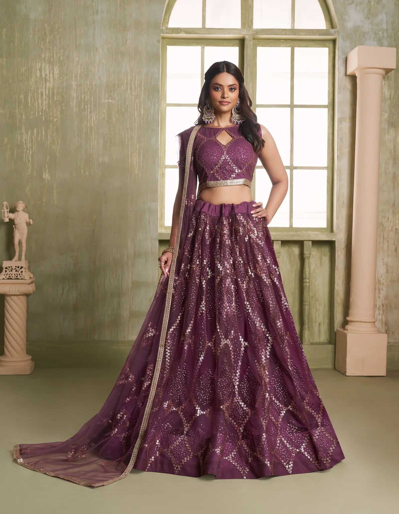 Wine Net Lehenga Choli With Cotton Thread Work & Sequence Embroidery Work - qivii