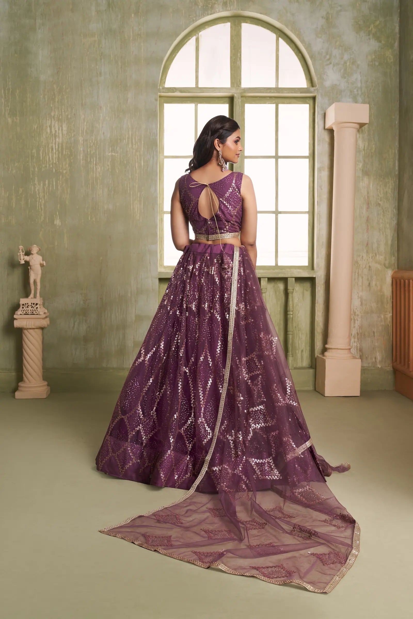 Wine Net Lehenga Choli With Cotton Thread Work & Sequence Embroidery Work - qivii