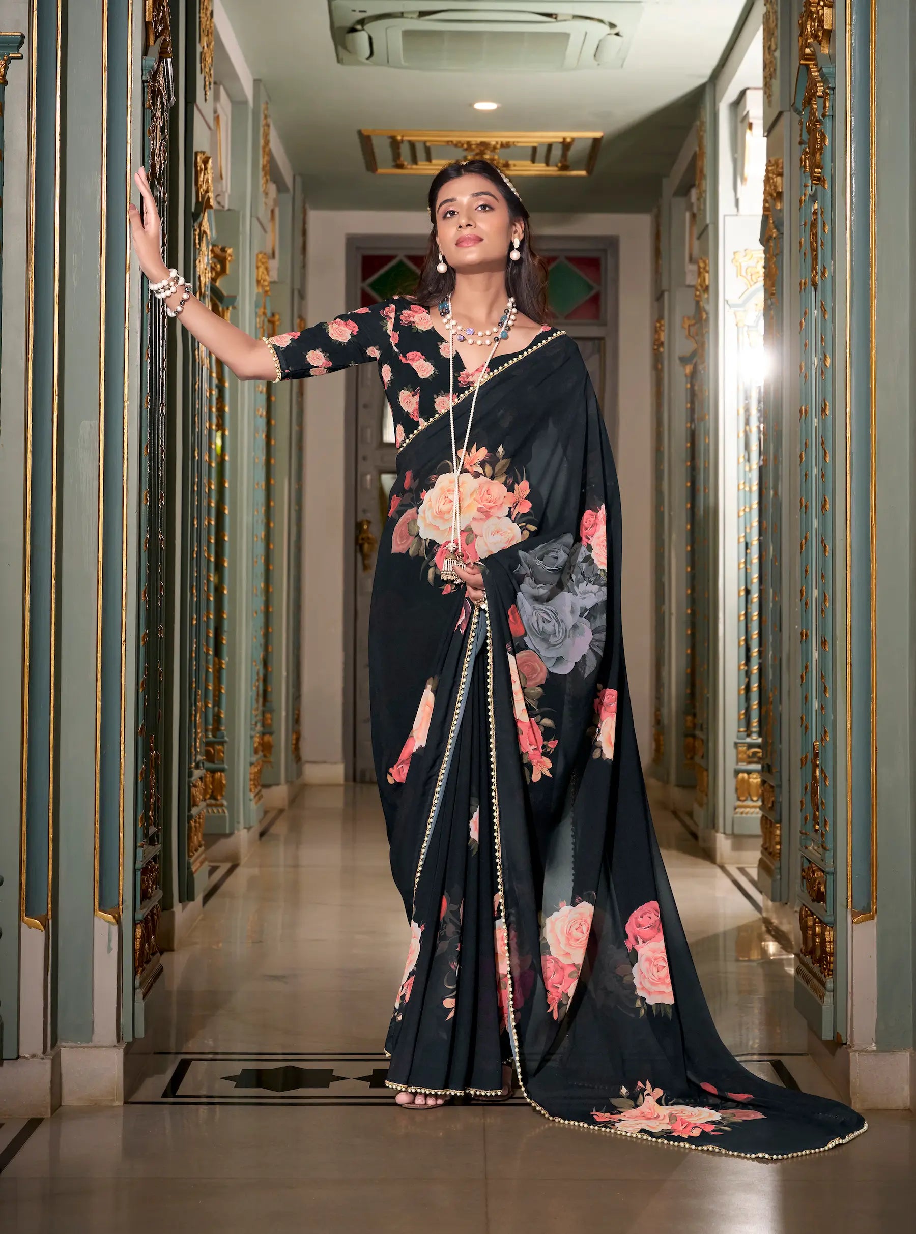 Black Georgette Floral Print & Pearl Lace Border Saree - qivii