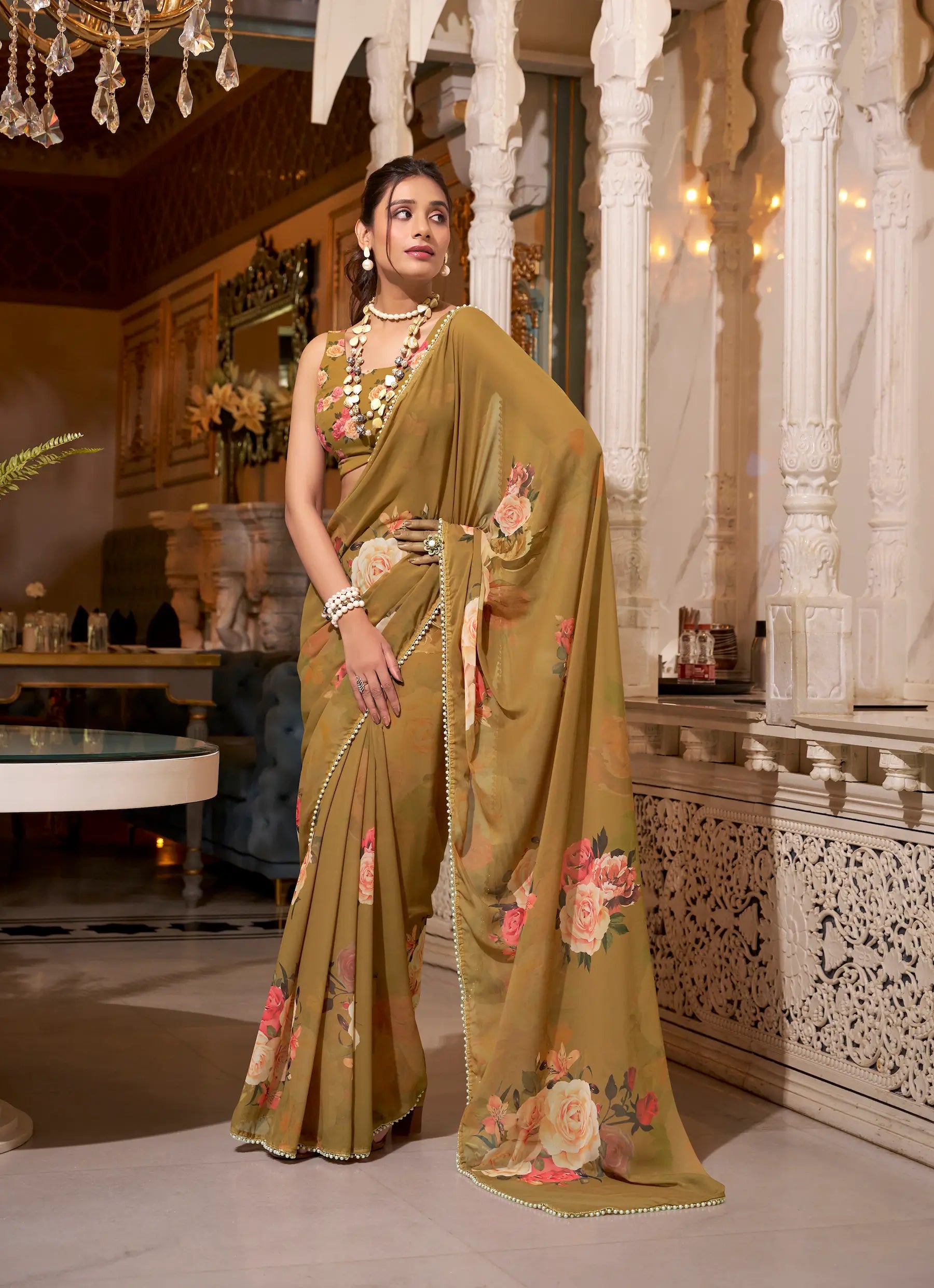 Light Brown Georgette Floral Print & Pearl Lace Border Saree - qivii