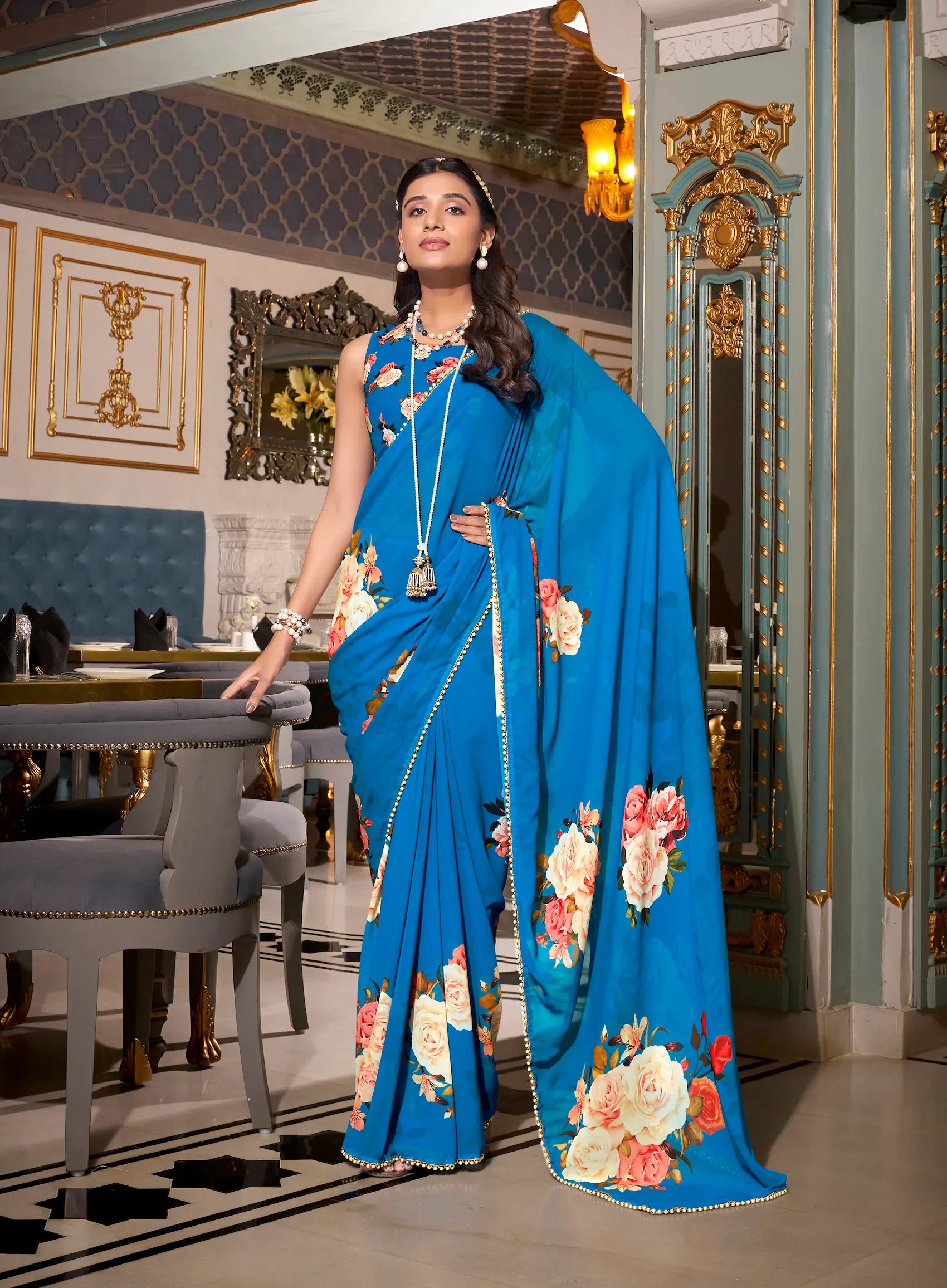 Blue Georgette Floral Print & Pearl Lace Border Saree - qivii