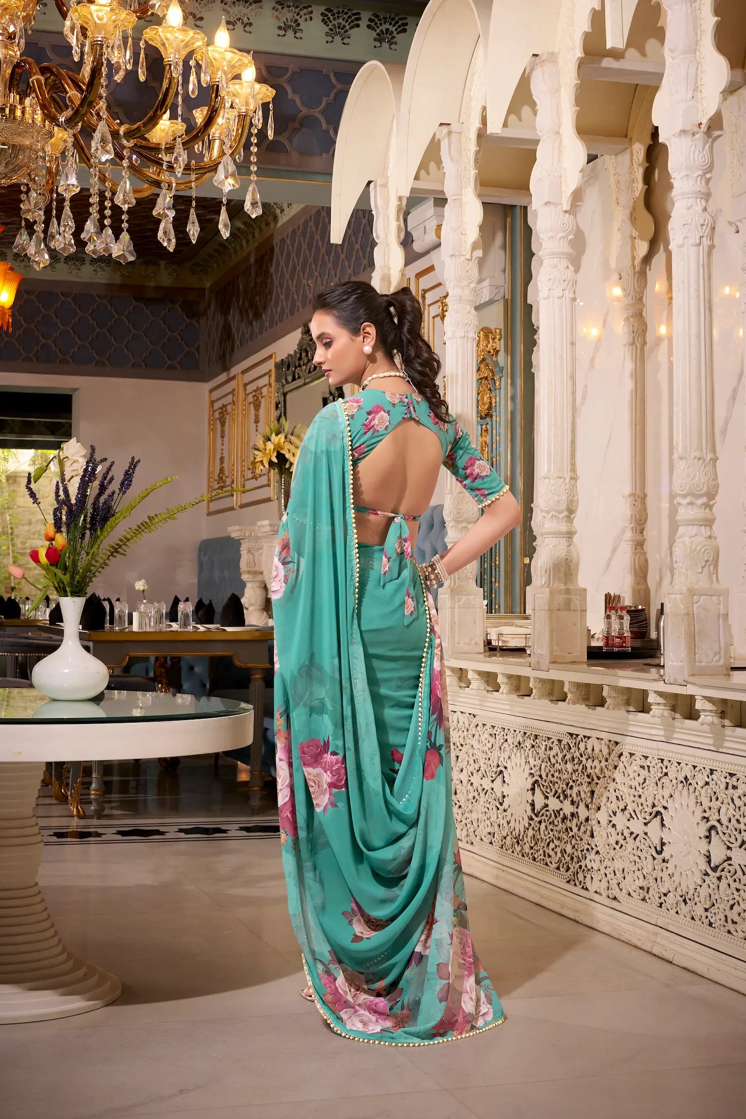 Sea Green Georgette Floral Print & Pearl Lace Border Saree - qivii