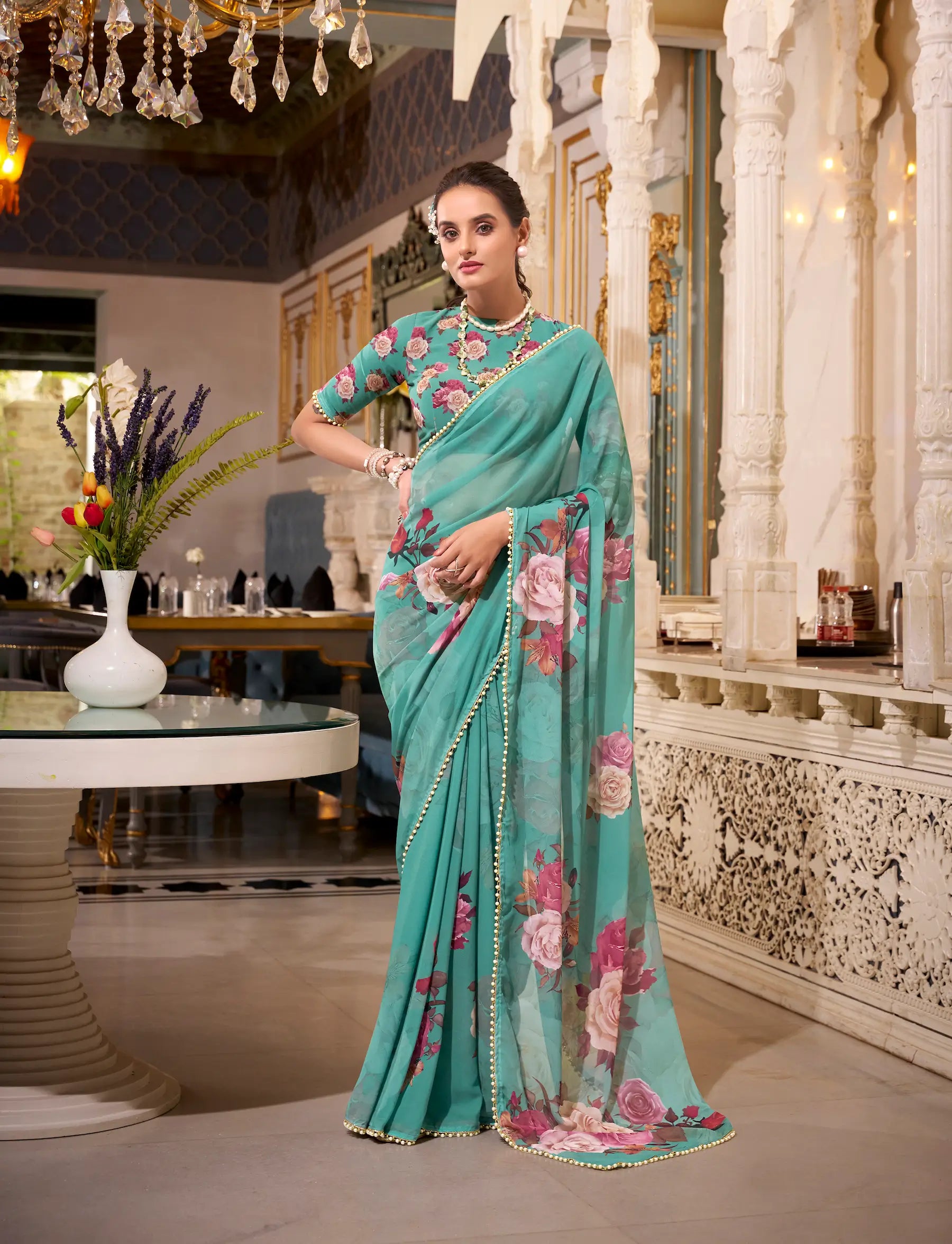 Sea Green Georgette Floral Print & Pearl Lace Border Saree - qivii