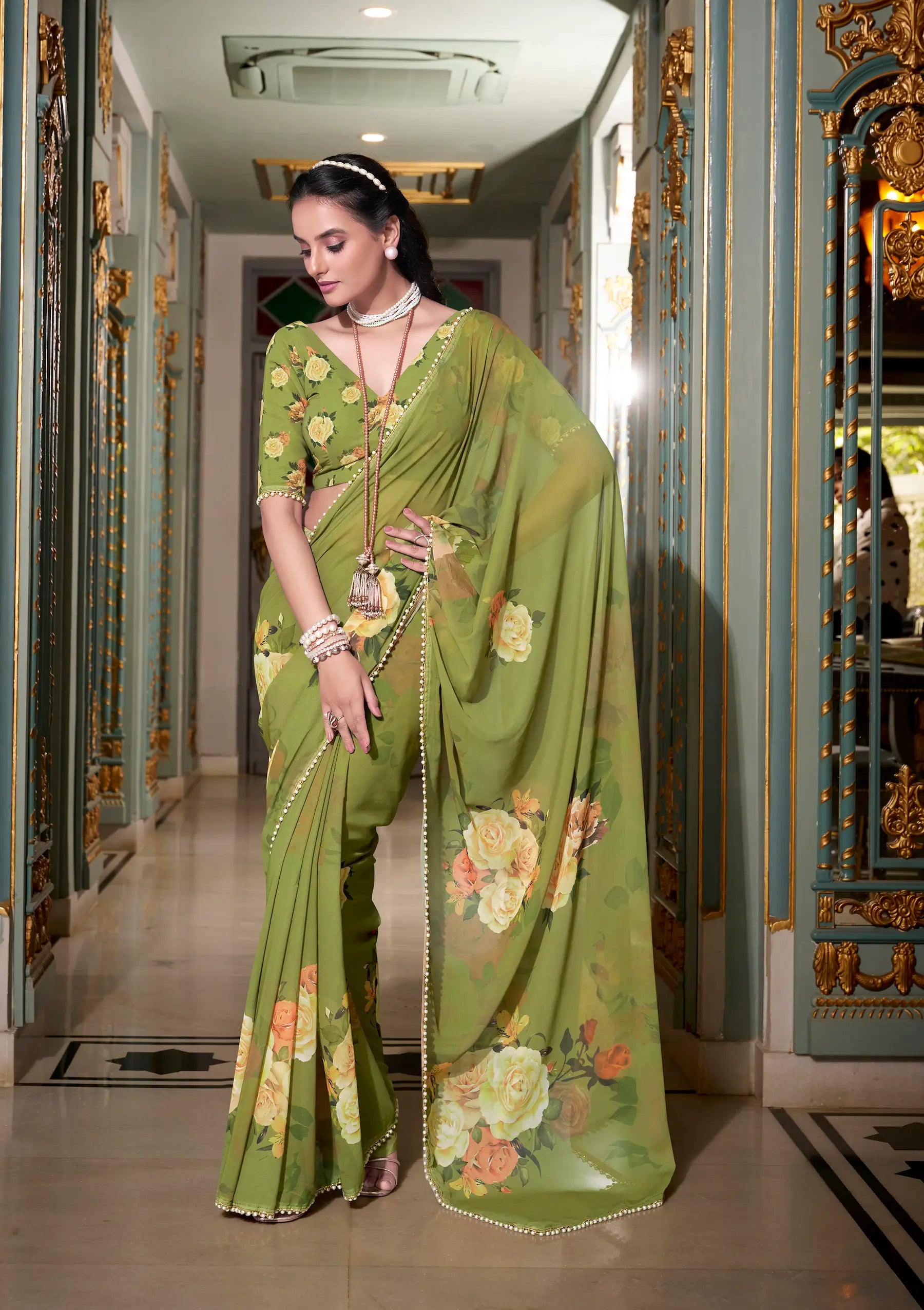 Olive Green Georgette Floral Print & Pearl Lace Border Saree - qivii