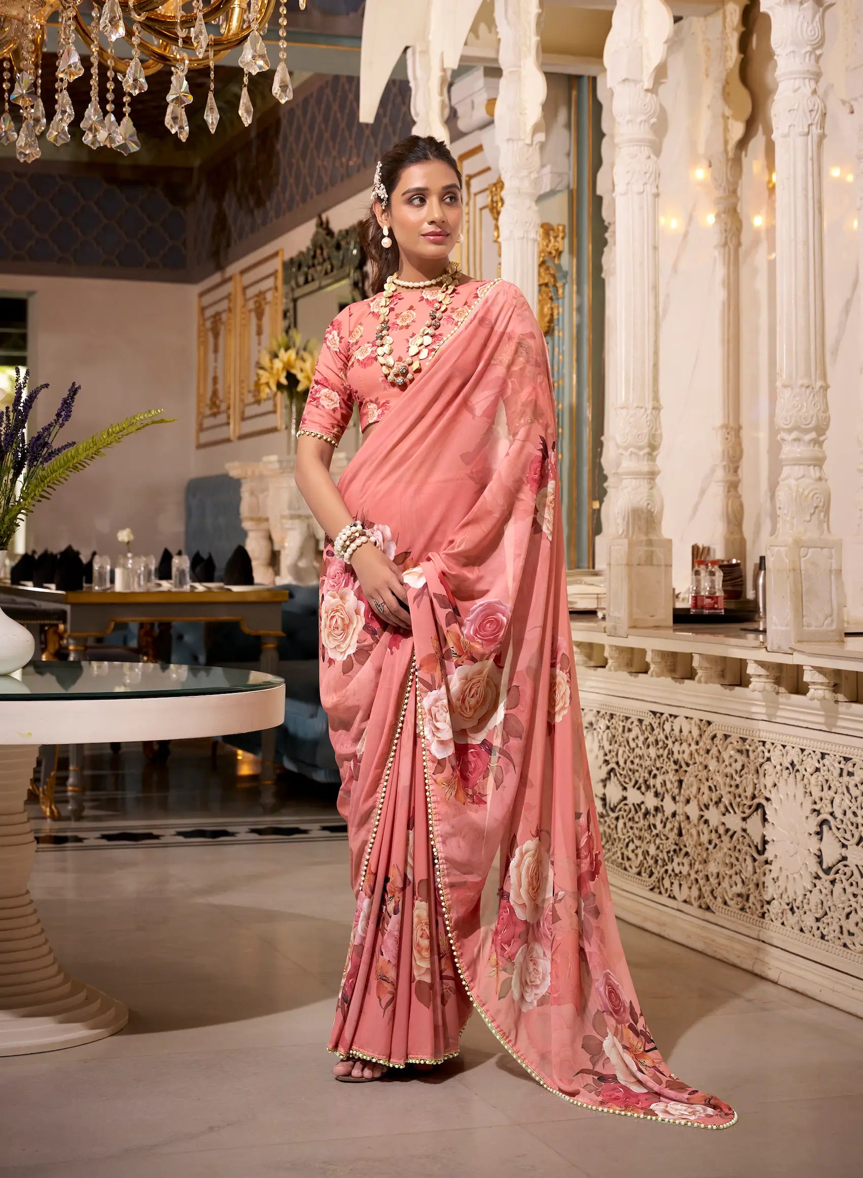Light Orange Georgette Floral Print & Pearl Lace Border Saree - qivii