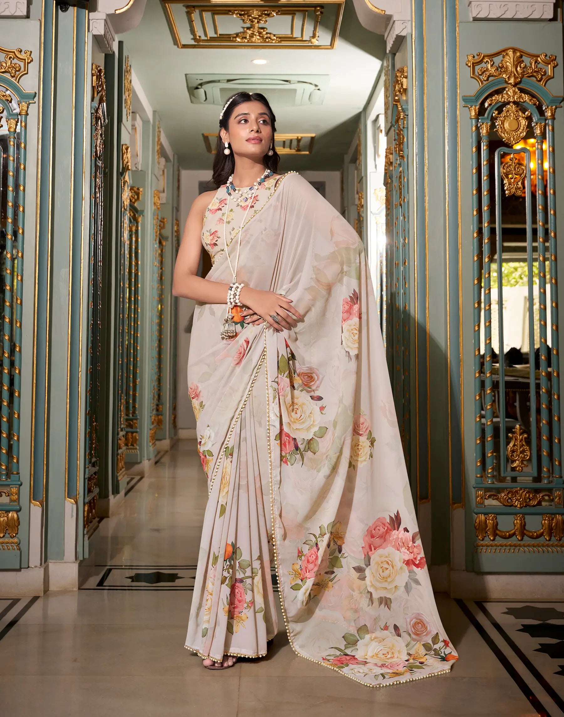 Light Beige Georgette Floral Print & Pearl Lace Border Saree - qivii