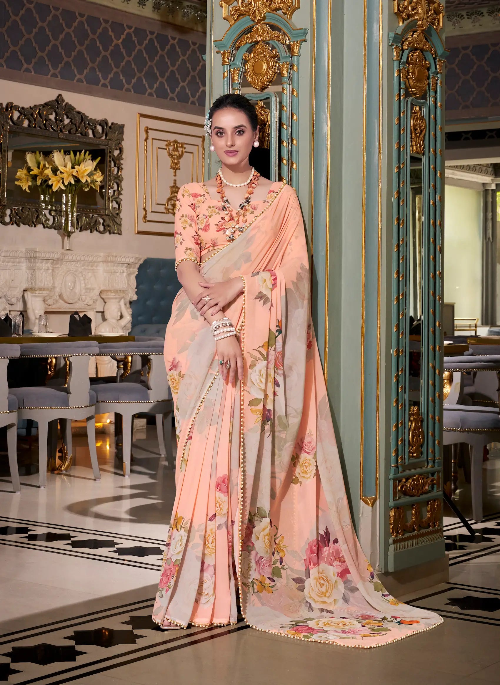 Peach Georgette Floral Print & Pearl Lace Border Saree - qivii