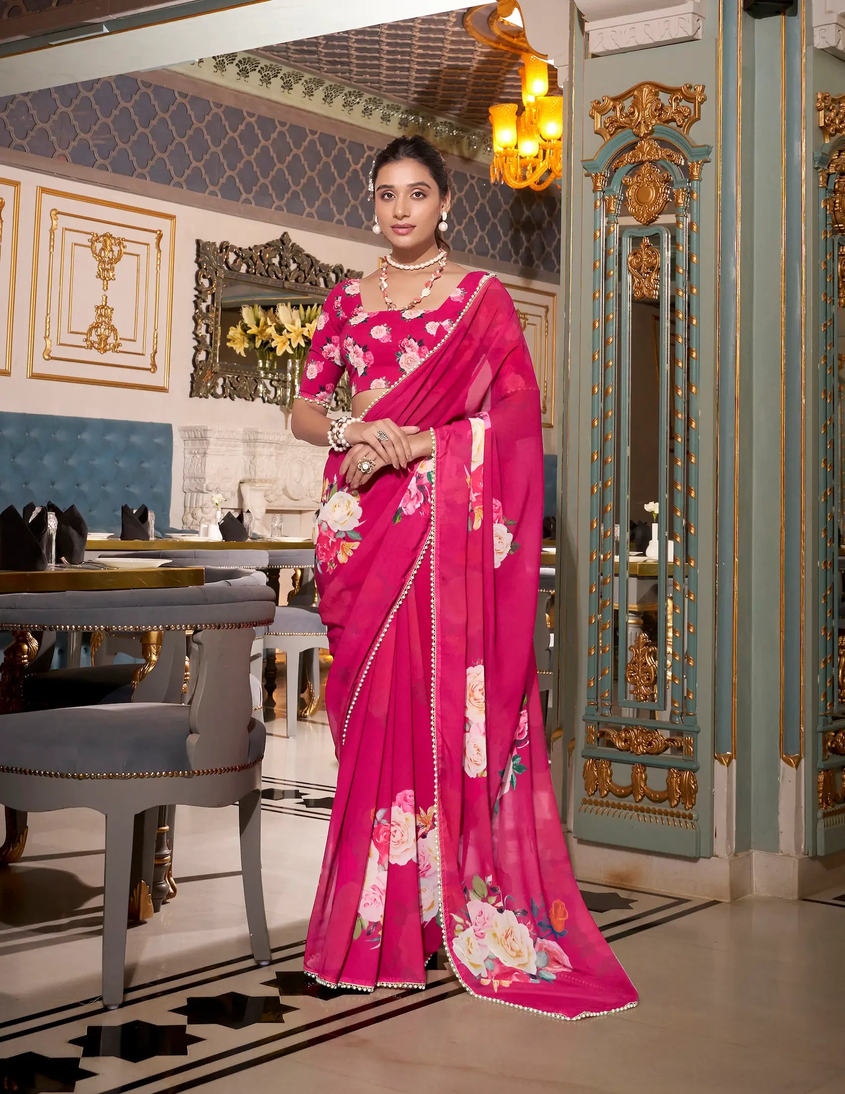 Dark Pink Georgette Floral Print & Pearl Lace Border Saree - qivii
