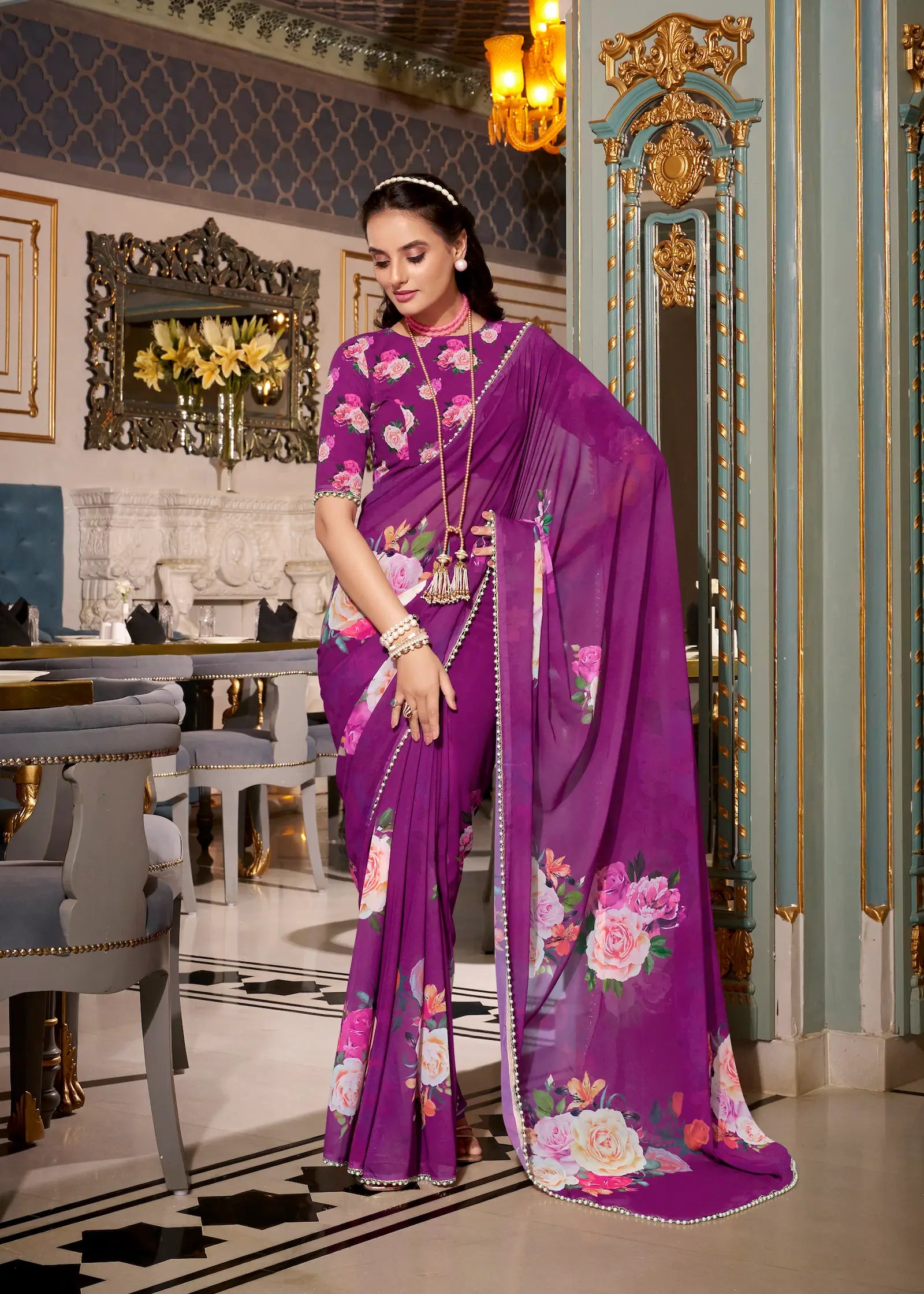 Purple Georgette Floral Print & Pearl Lace Border Saree - qivii