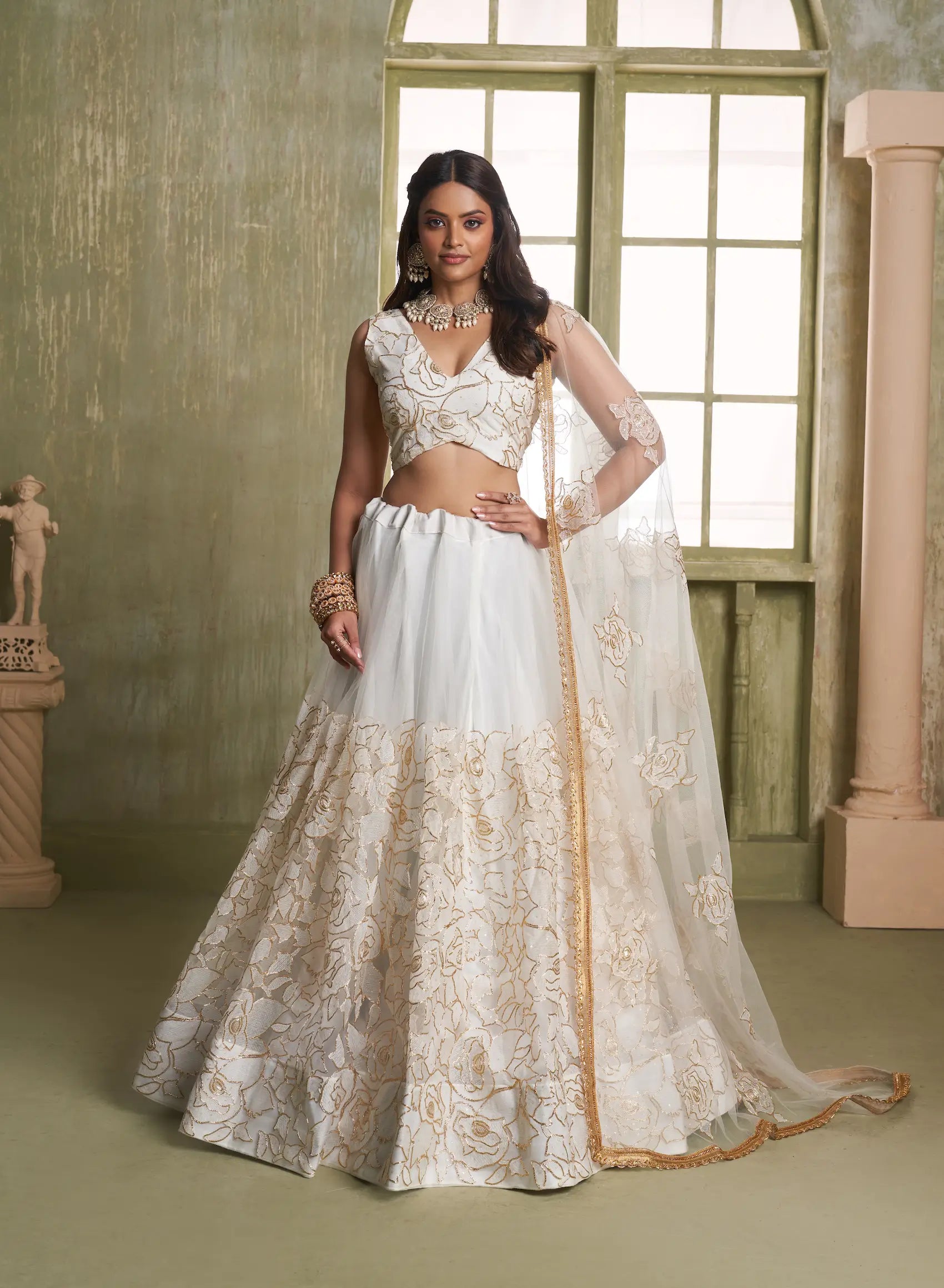White Net Lehenga Choli With Cotton Thread Work & Sequence Embroidery Work - qivii