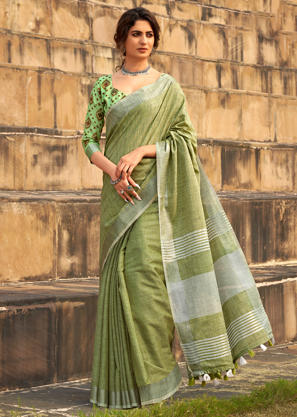 Lime Green Soft Linen Silk Saree with Khadi Print and Tassels on Pallu - qivii