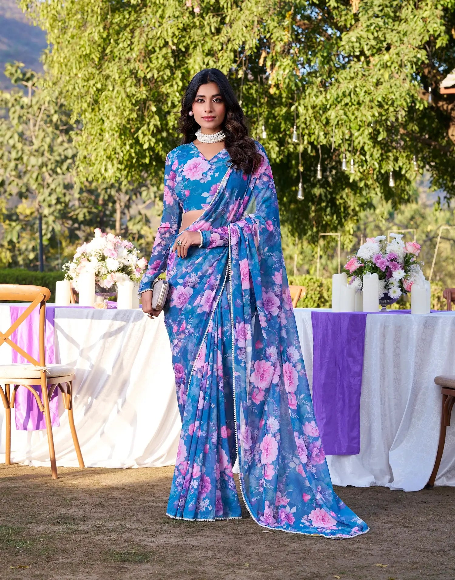 Blue Weightless Marbal Saree With Floral Print & Pearl Lace Border - qivii