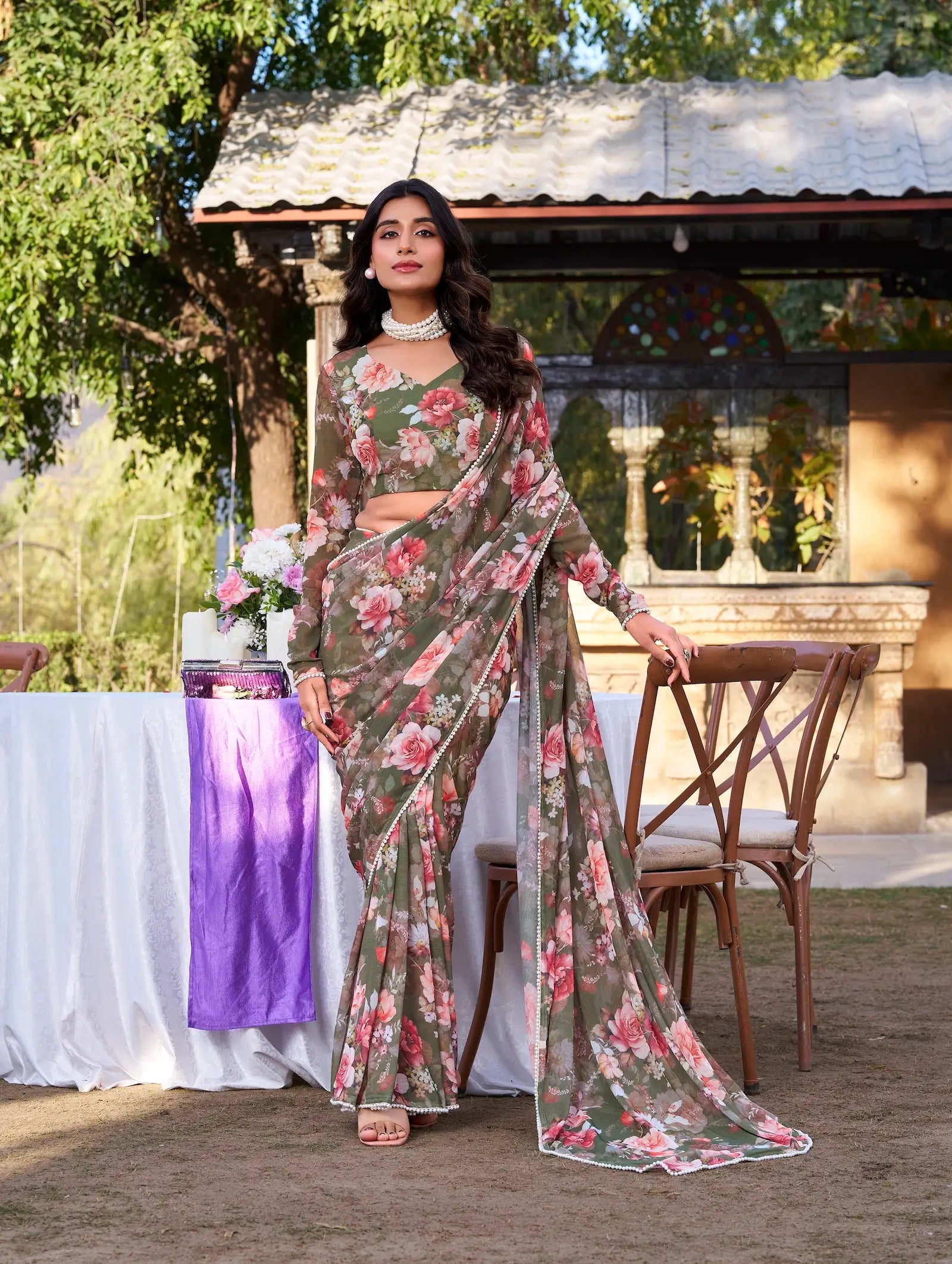 Olive Green Weightless Marbal Saree With Floral Print & Pearl Lace Border - qivii
