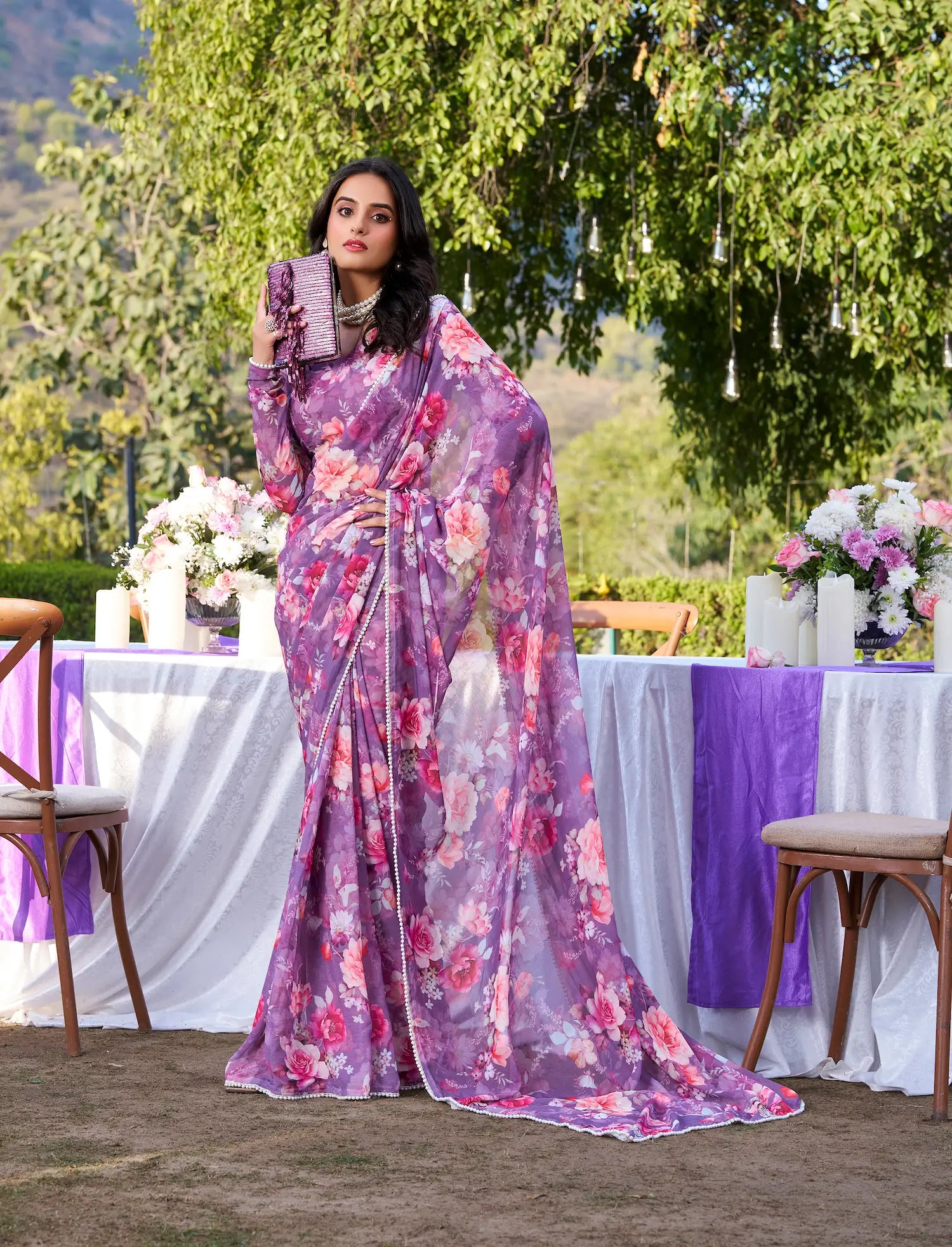 Onion Pink Weightless Marbal Saree With Floral Print & Pearl Lace Border - qivii