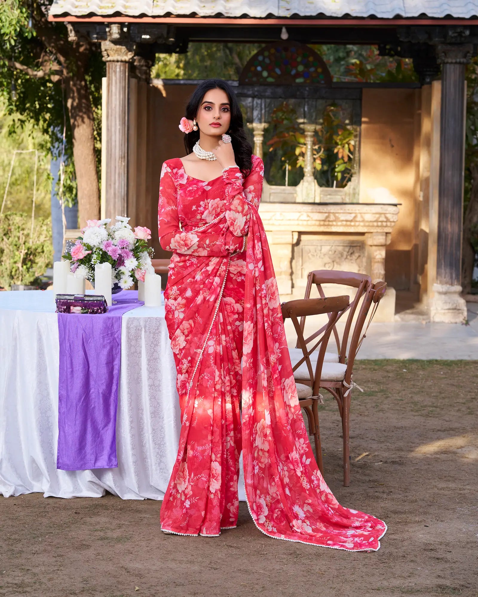 Red Weightless Marbal Saree With Floral Print & Pearl Lace Border - qivii