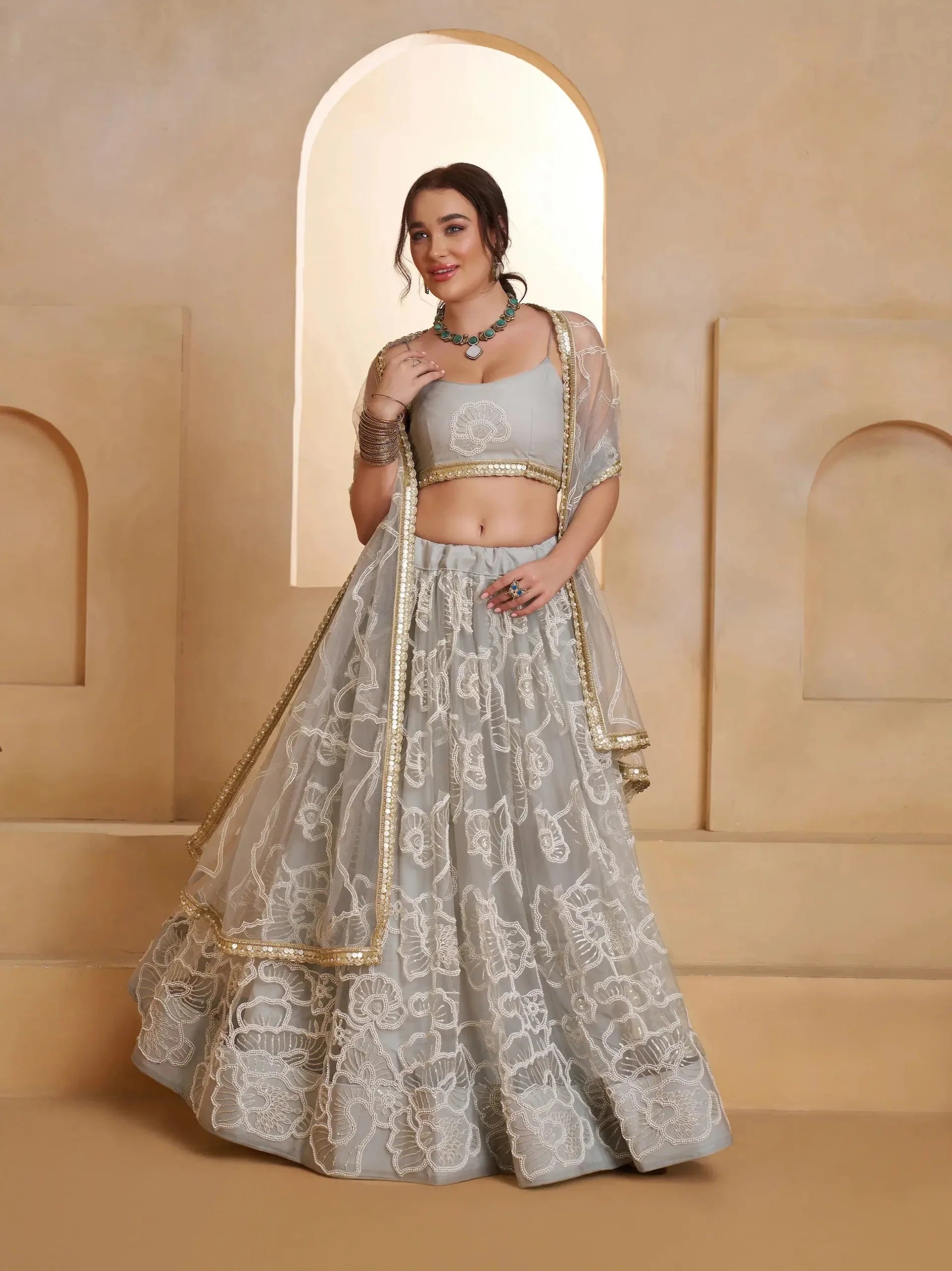 Silver Grey Net Embroidery Lehenga choli