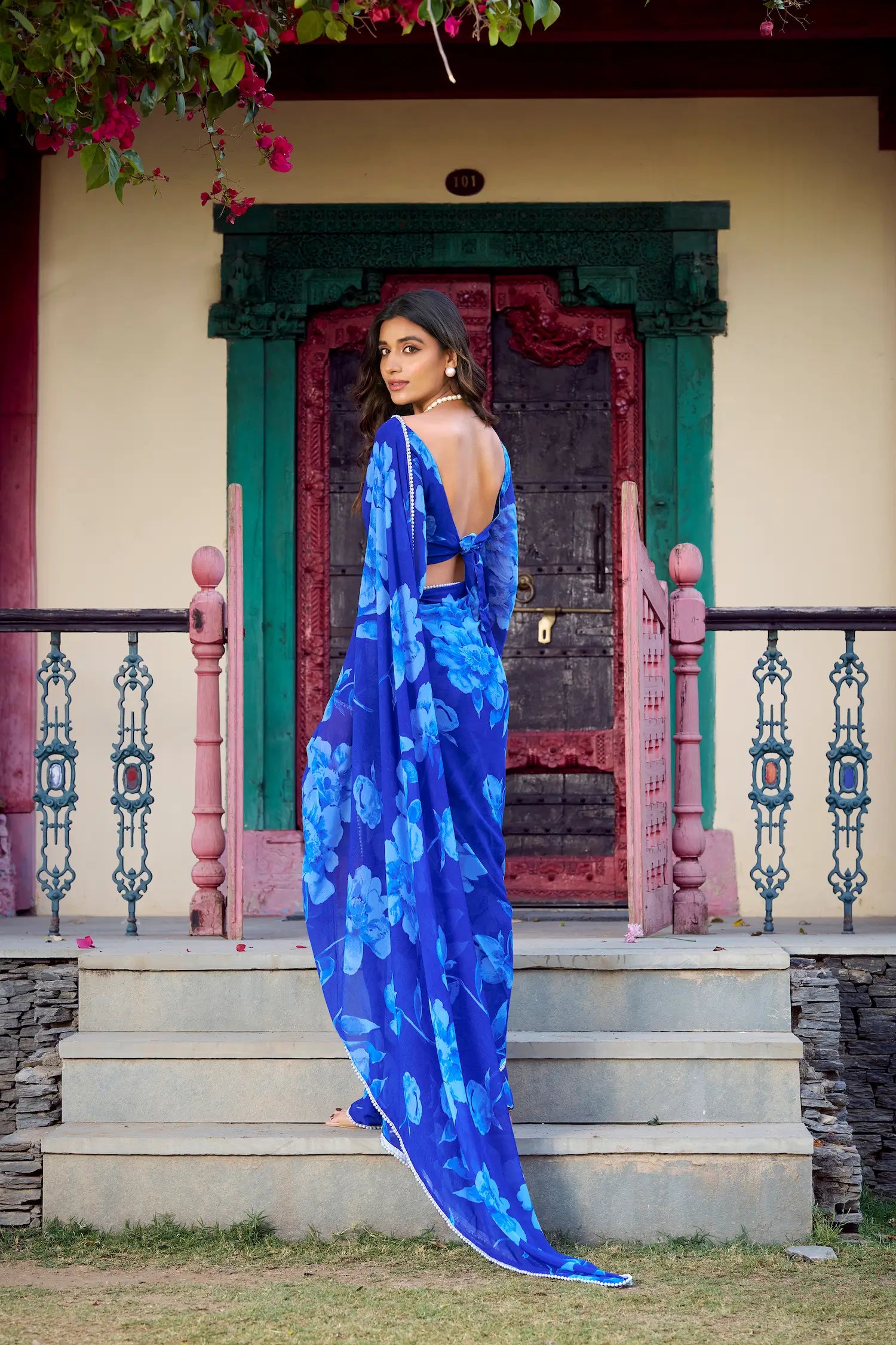 Blue Chiffon Saree With Floral Print & Pearl Lace Border - qivii
