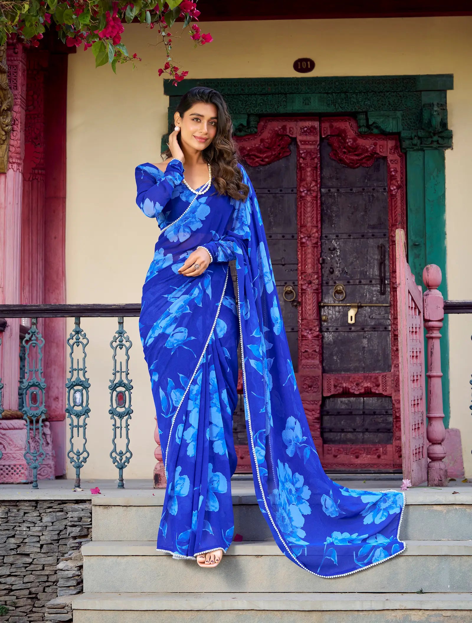 Blue Chiffon Saree With Floral Print & Pearl Lace Border - qivii