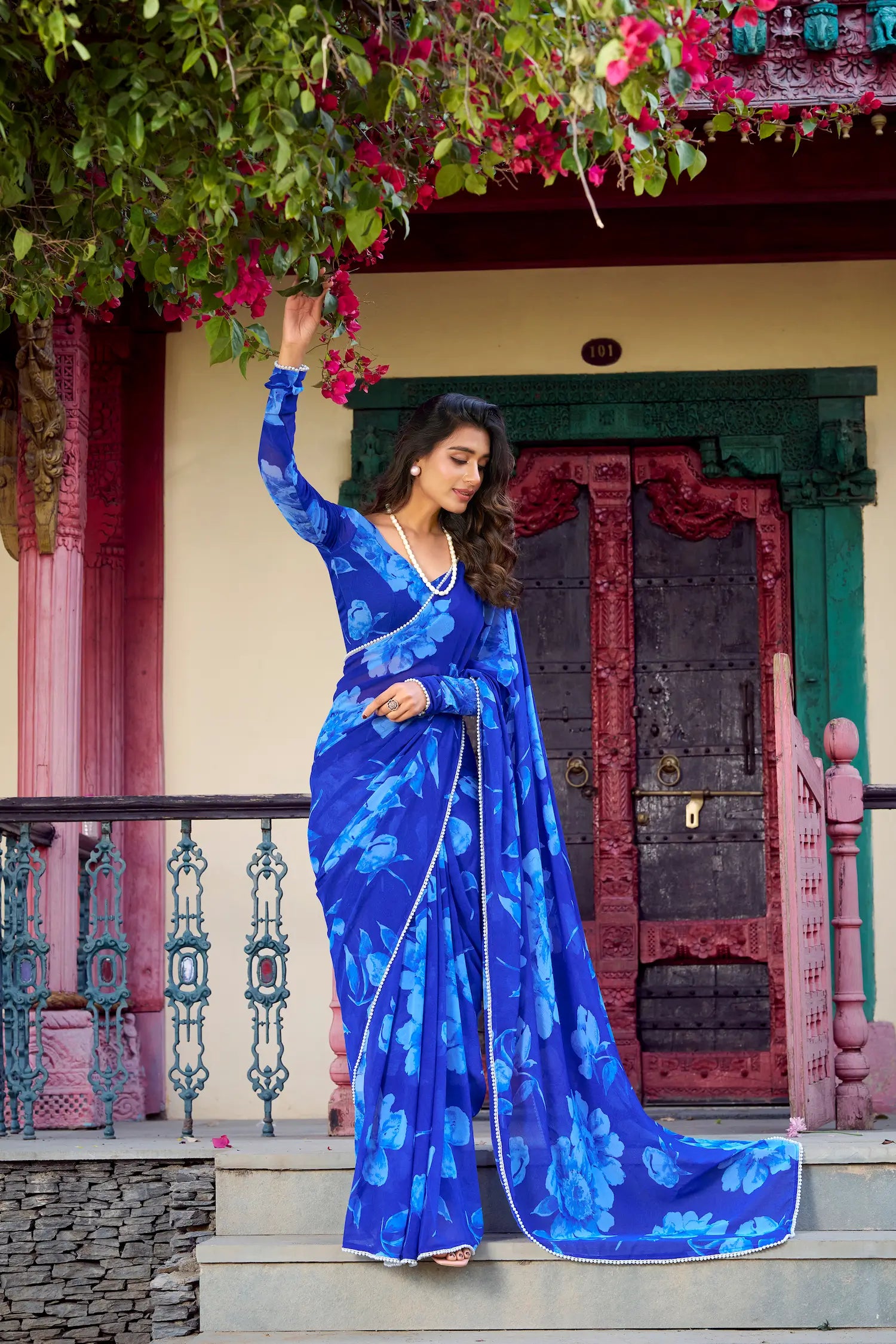 Blue Chiffon Saree With Floral Print & Pearl Lace Border - qivii