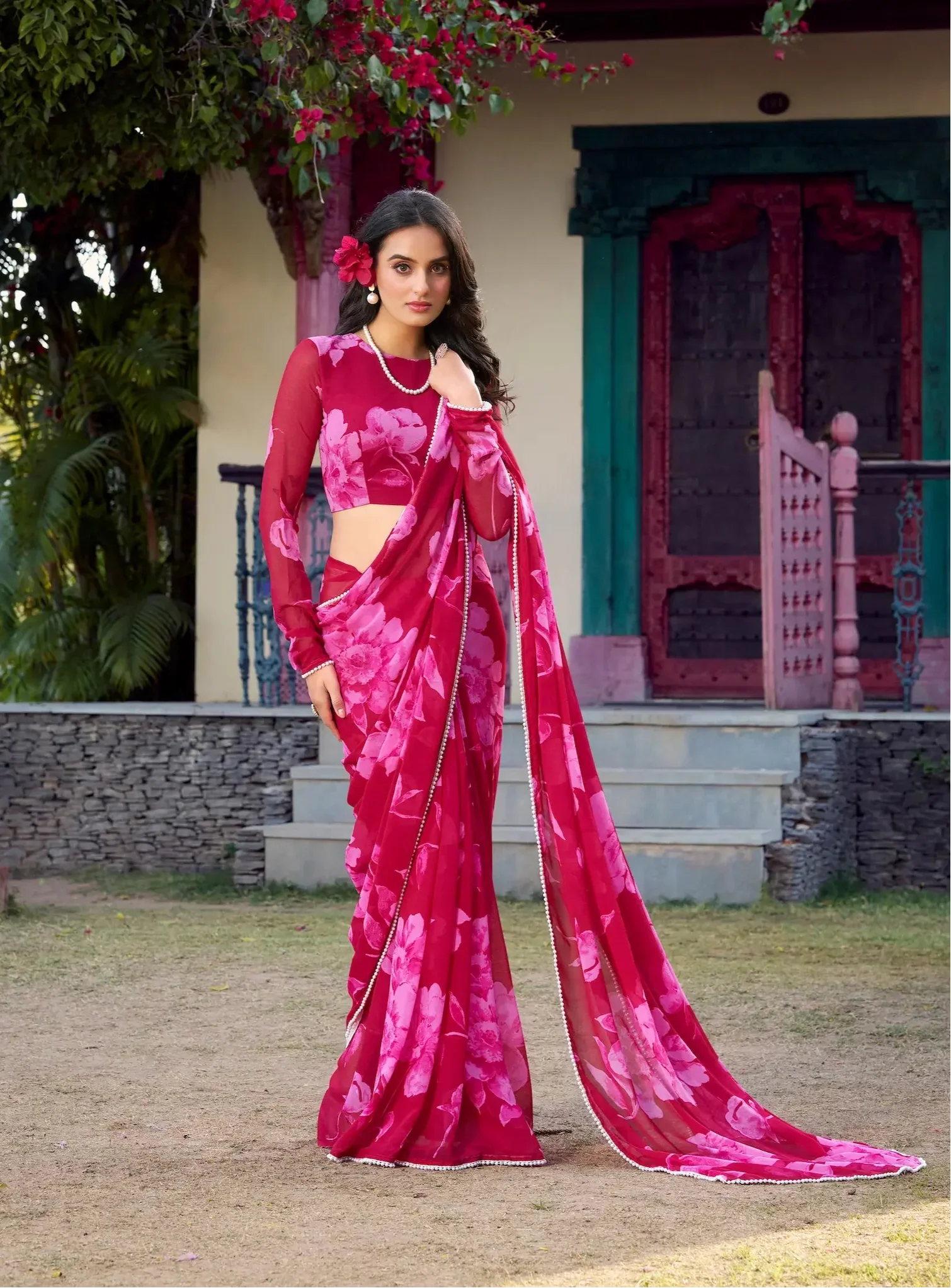 Pink Chiffon Saree With Floral Print & Pearl Lace Border - qivii