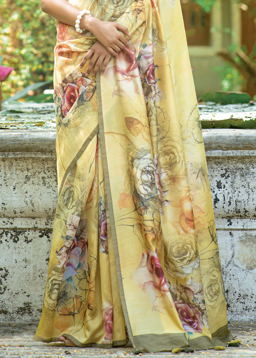Blonde Yellow Floral Printed Silk Saree - qivii