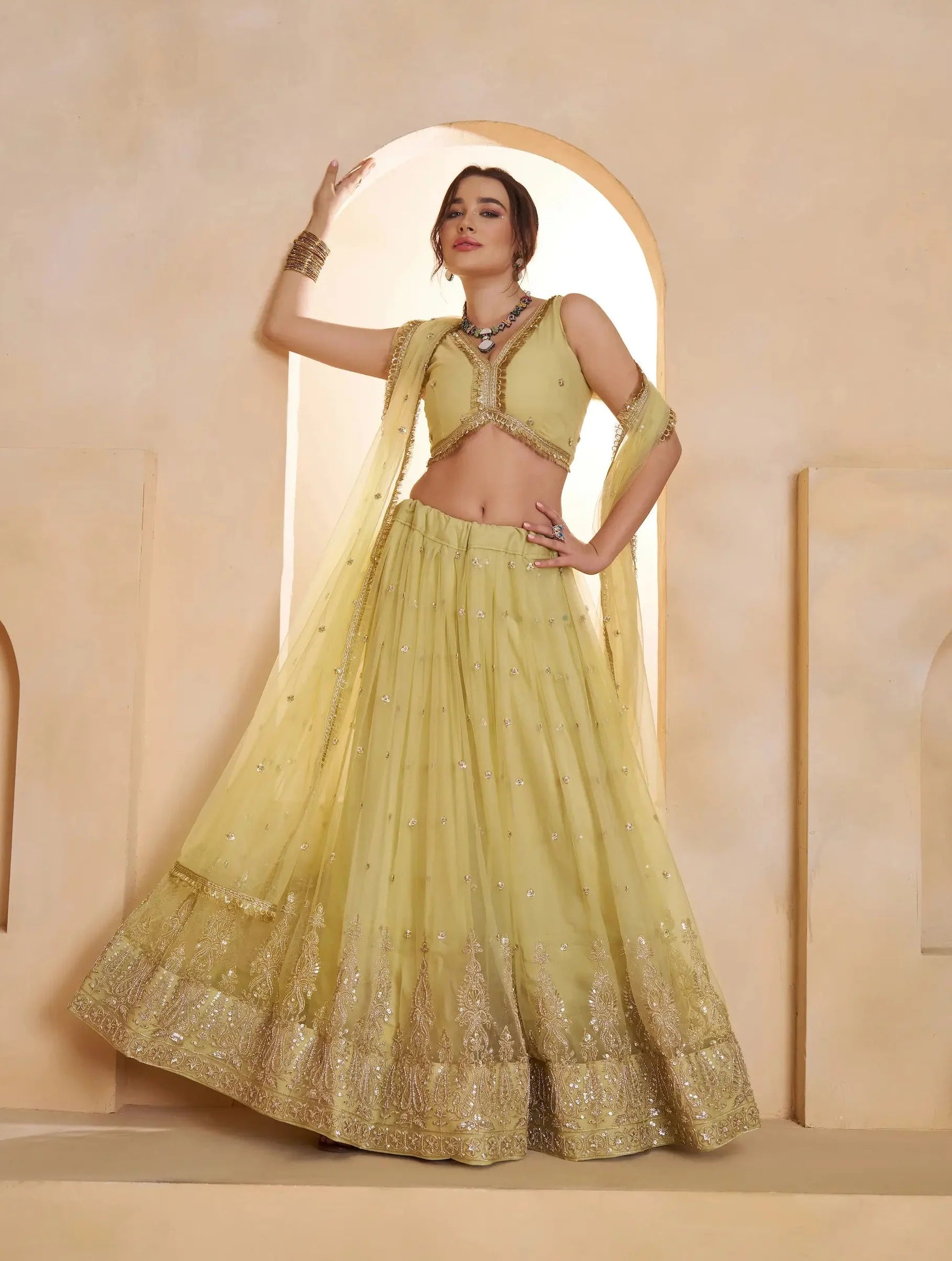 Pastel Yellow Net Embroidery Lehenga choli