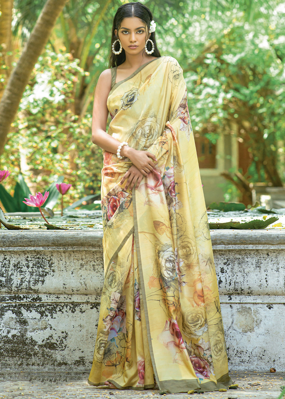 Blonde Yellow Floral Printed Silk Saree - qivii