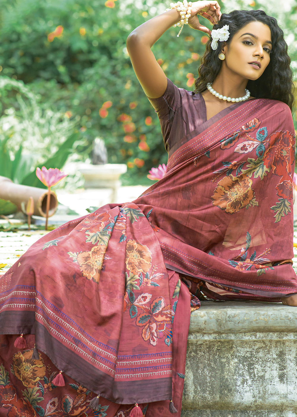 Red Purple Floral Printed Silk Saree - qivii