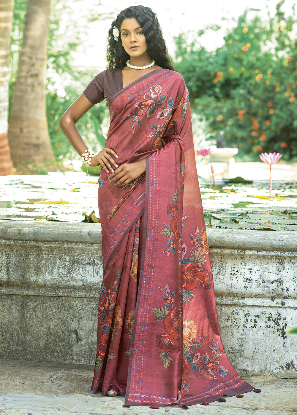 Red Purple Floral Printed Silk Saree - qivii