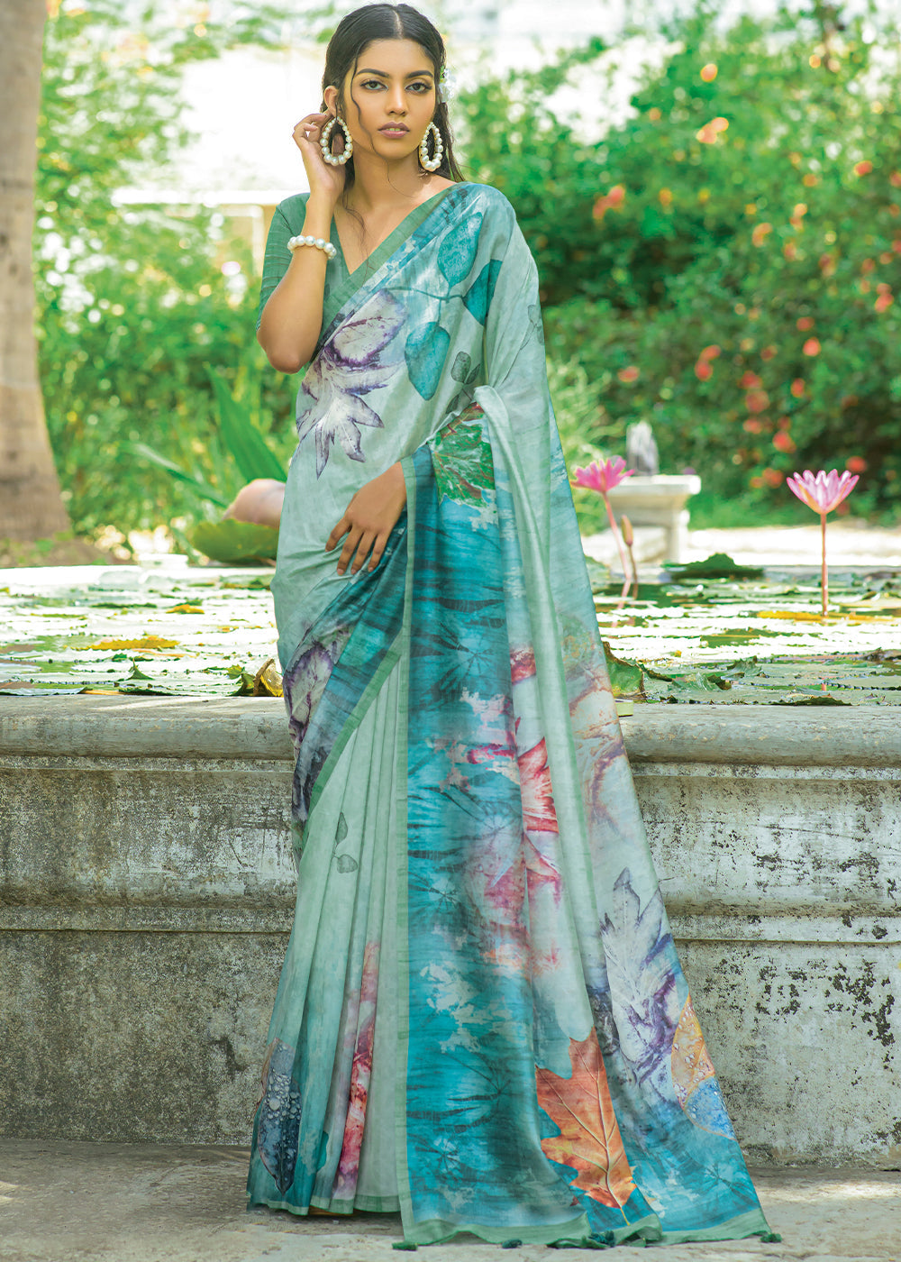 Shades Of Blue Floral Printed Silk Saree - qivii
