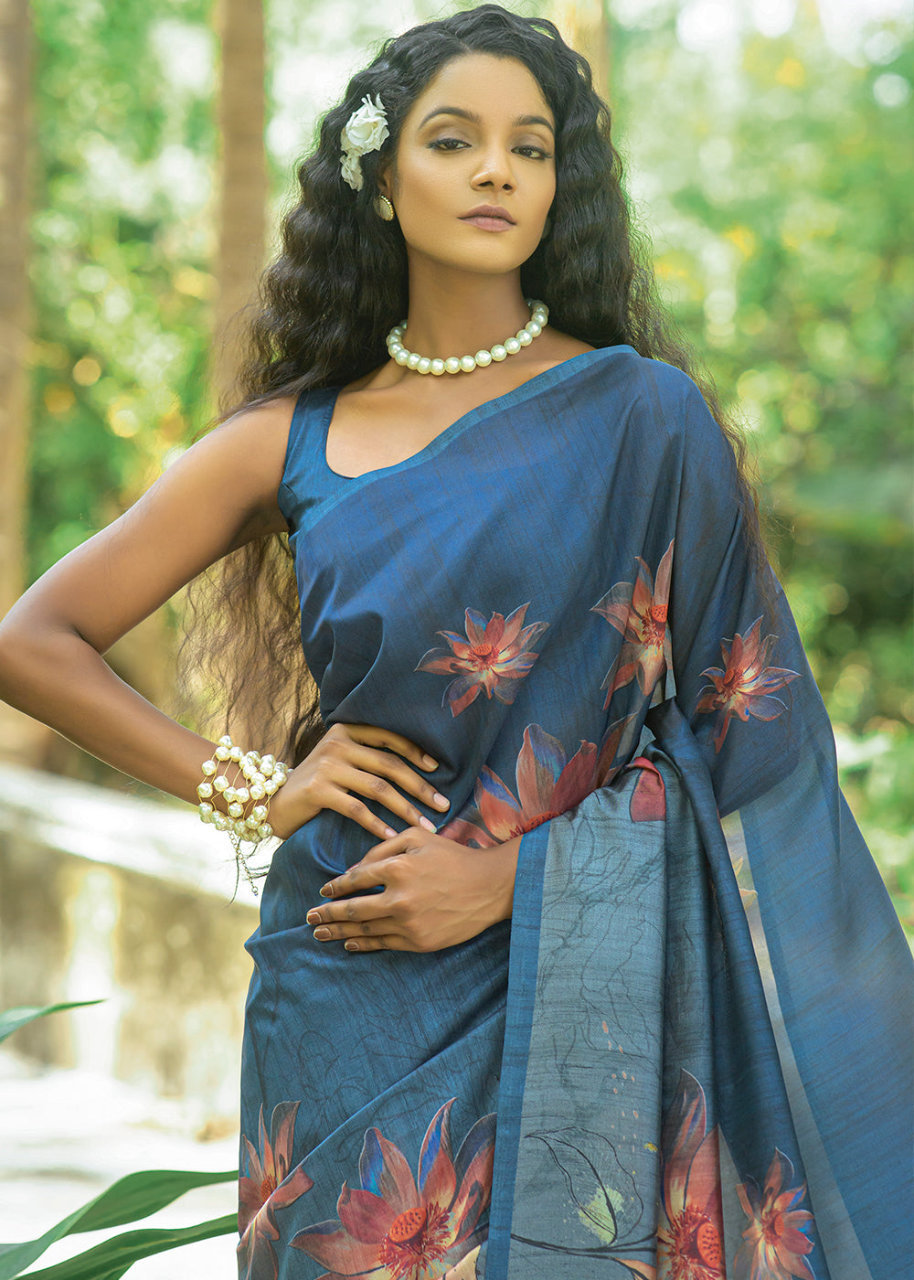 Yale Blue Floral Printed Silk Saree - qivii