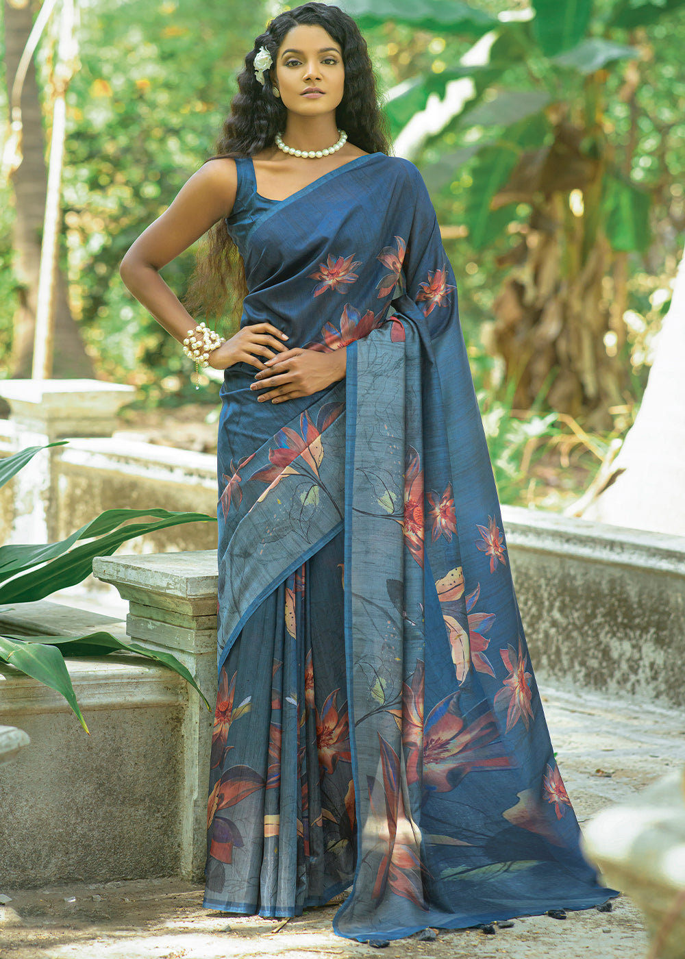 Yale Blue Floral Printed Silk Saree - qivii