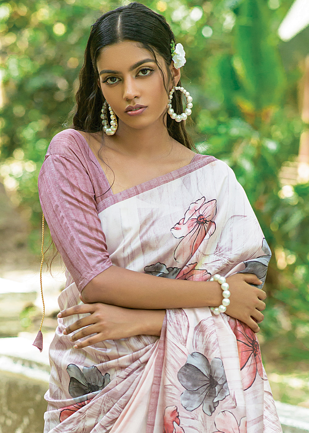 Pearl White Floral Printed Silk Saree - qivii